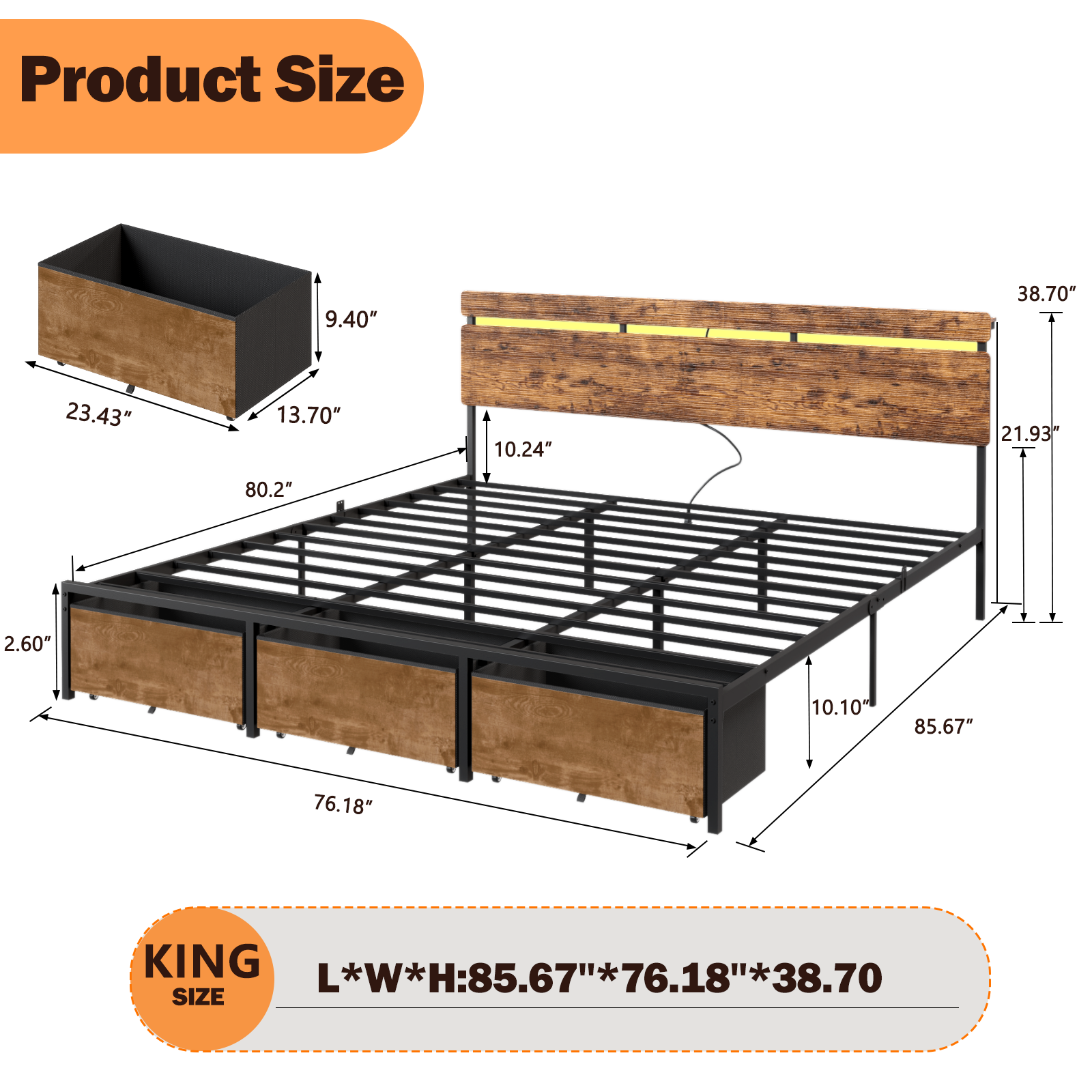 King Size Platform Bed Frame 3 Storage Drawers LED Lights Charging Station Vintage Brown Wood Headboard Shelf Heavy Duty Metal No Box Spring Needed