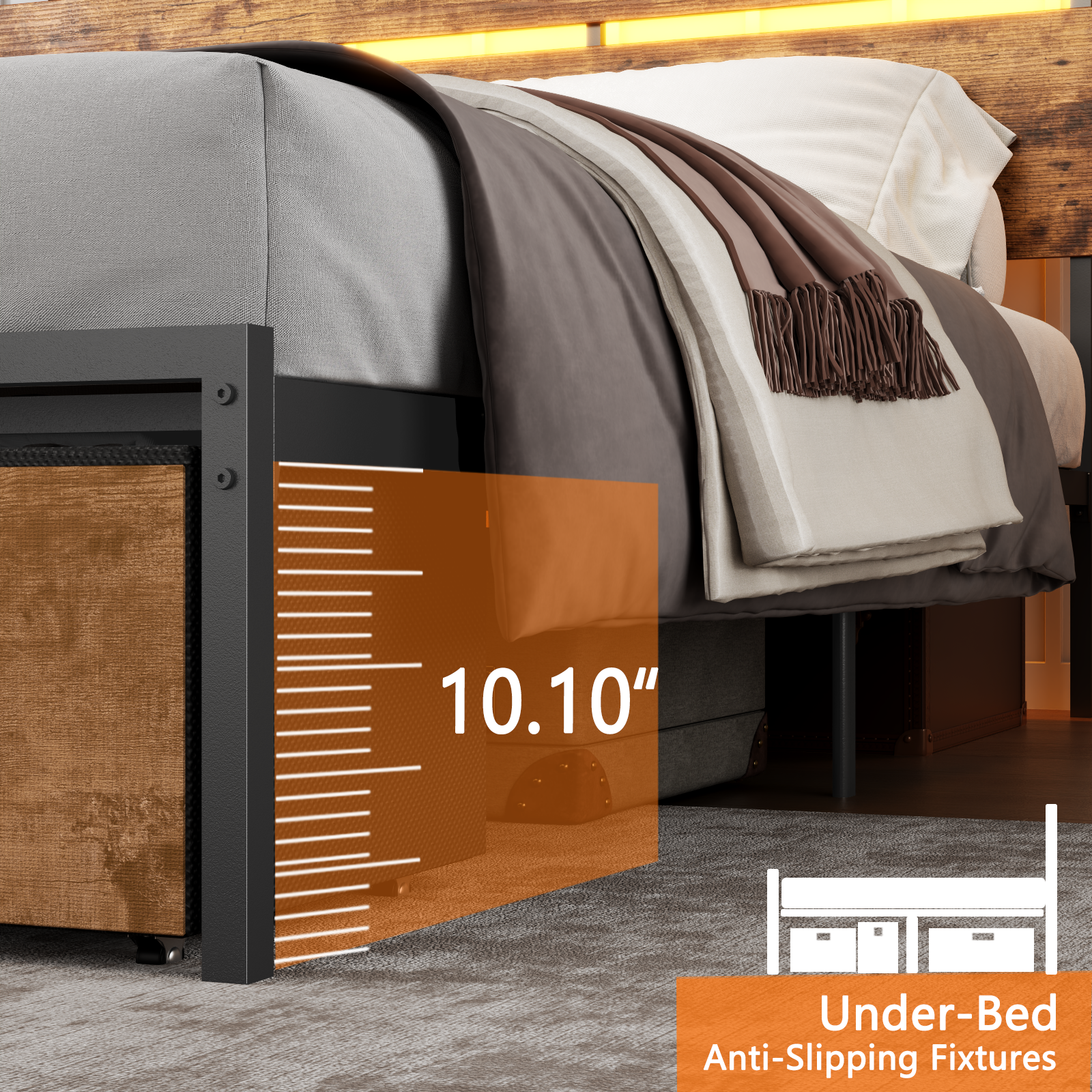 King Size Platform Bed Frame 3 Storage Drawers LED Lights Charging Station Vintage Brown Wood Headboard Shelf Heavy Duty Metal No Box Spring Needed