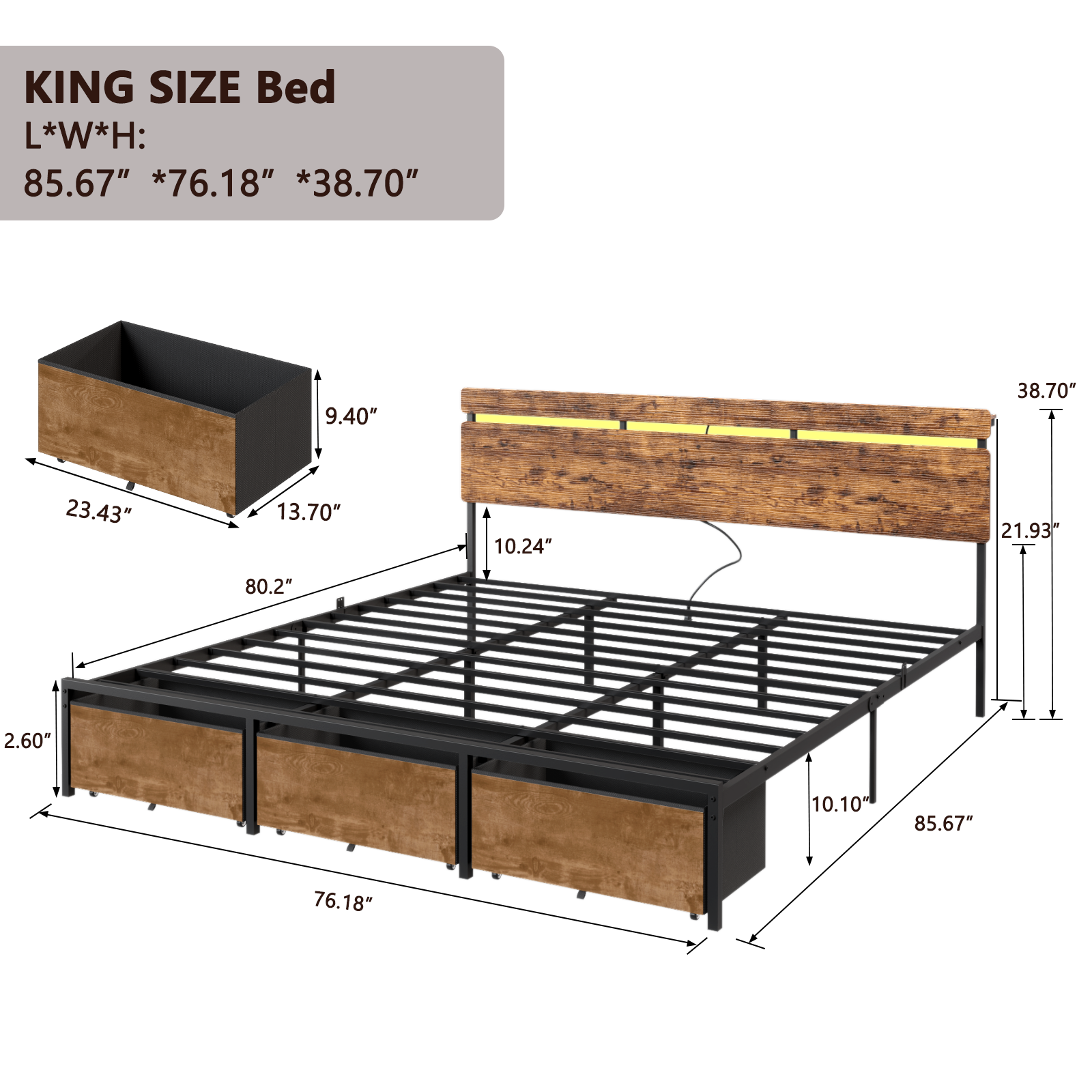 King Size Bed Frame with Wood Headboard, Metal Platform Bed with 3 Storage Drawers  Shelf Built-in Charging Station  LED Lights No Box Spring Needed