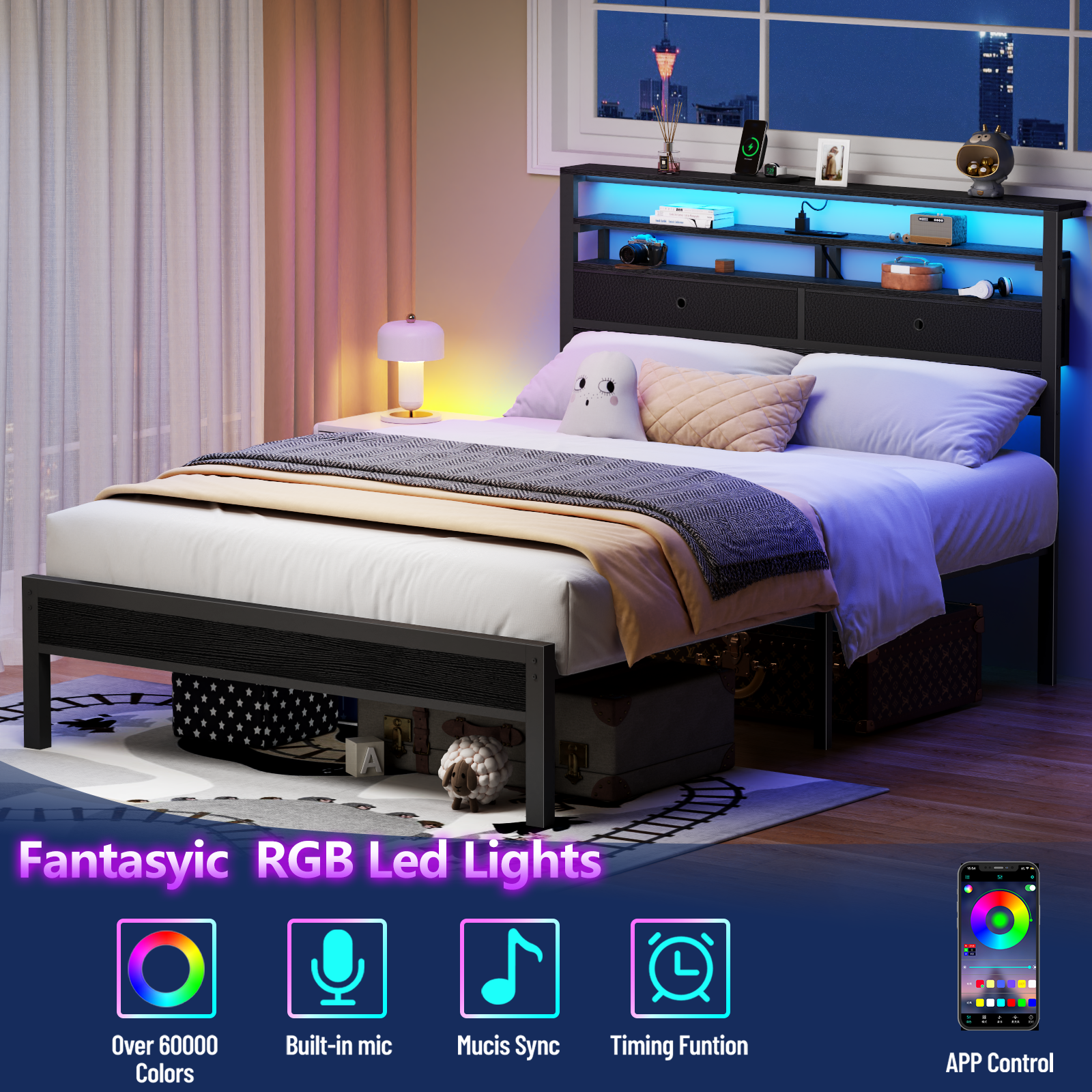 Furnulem Full Size Bed Frame with Headboard  2 Fabric Drawers  Bed Featuring LED Lights Built-in Charging Station  Storage Shelves No Box Spring Needed