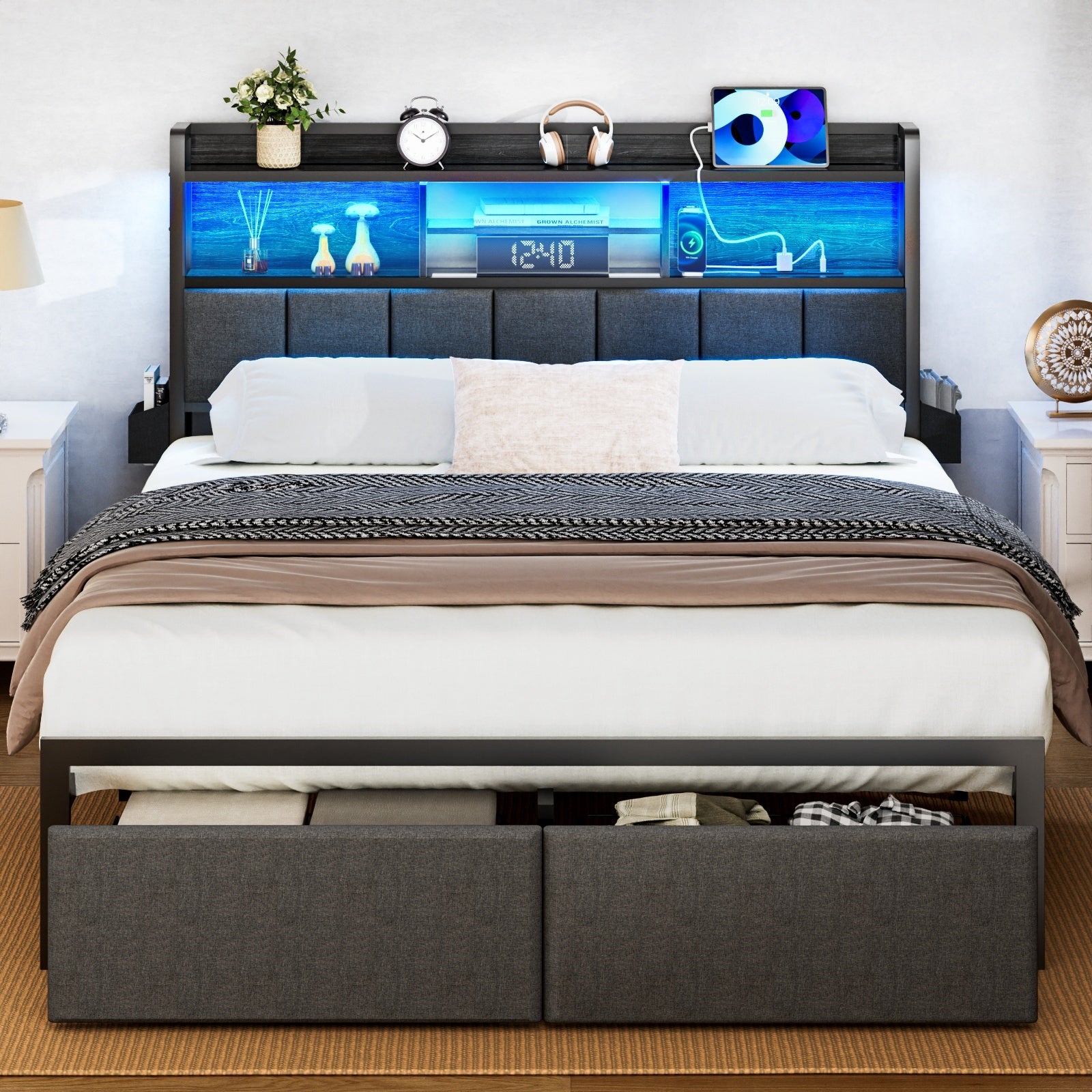 Furnulem Full  and Queen Size Bed Frame with Headboard, Bed Frame Full and Queen Size with Storage Drawers, Charging Station and LED Lights, Metal Platform No Box Spring Needed, Upholstered Headboard, Noise Free, Black