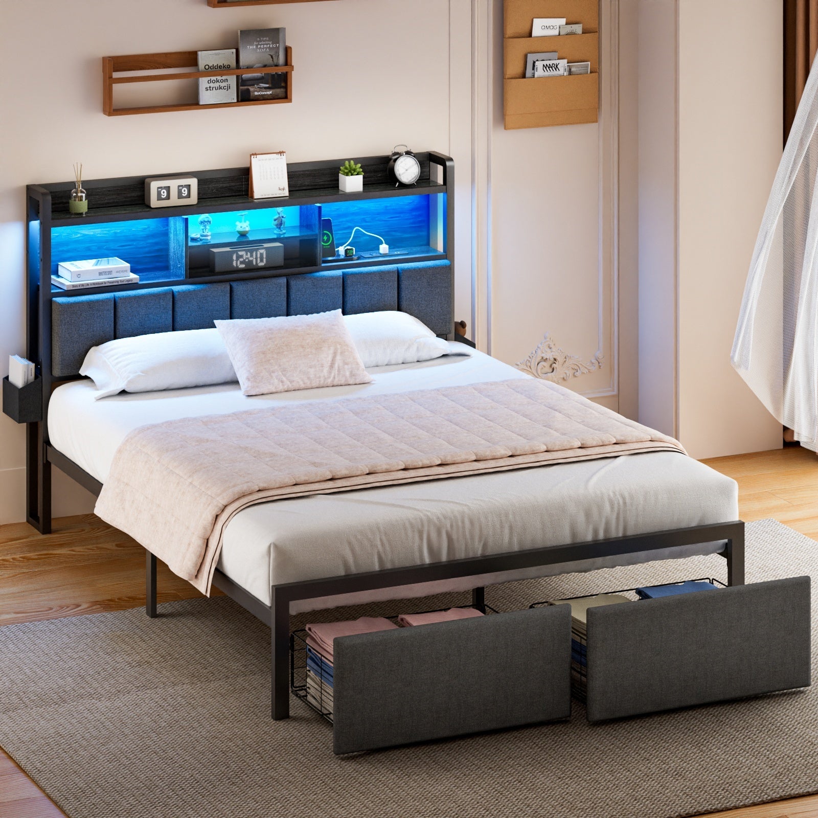 Furnulem Full  and Queen Size Bed Frame with Headboard, Bed Frame Full and Queen Size with Storage Drawers, Charging Station and LED Lights, Metal Platform No Box Spring Needed, Upholstered Headboard, Noise Free, Black