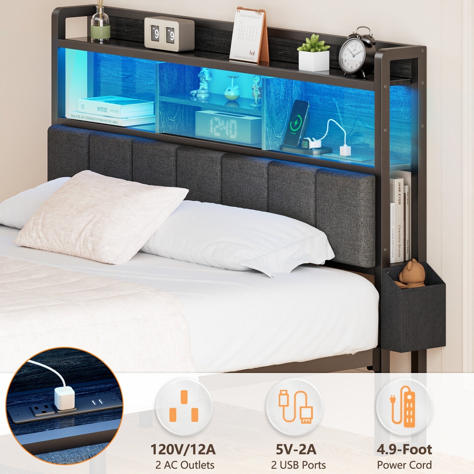 Furnulem Full  and Queen Size Bed Frame with Headboard, Bed Frame Full and Queen Size with Storage Drawers, Charging Station and LED Lights, Metal Platform No Box Spring Needed, Upholstered Headboard, Noise Free, Black