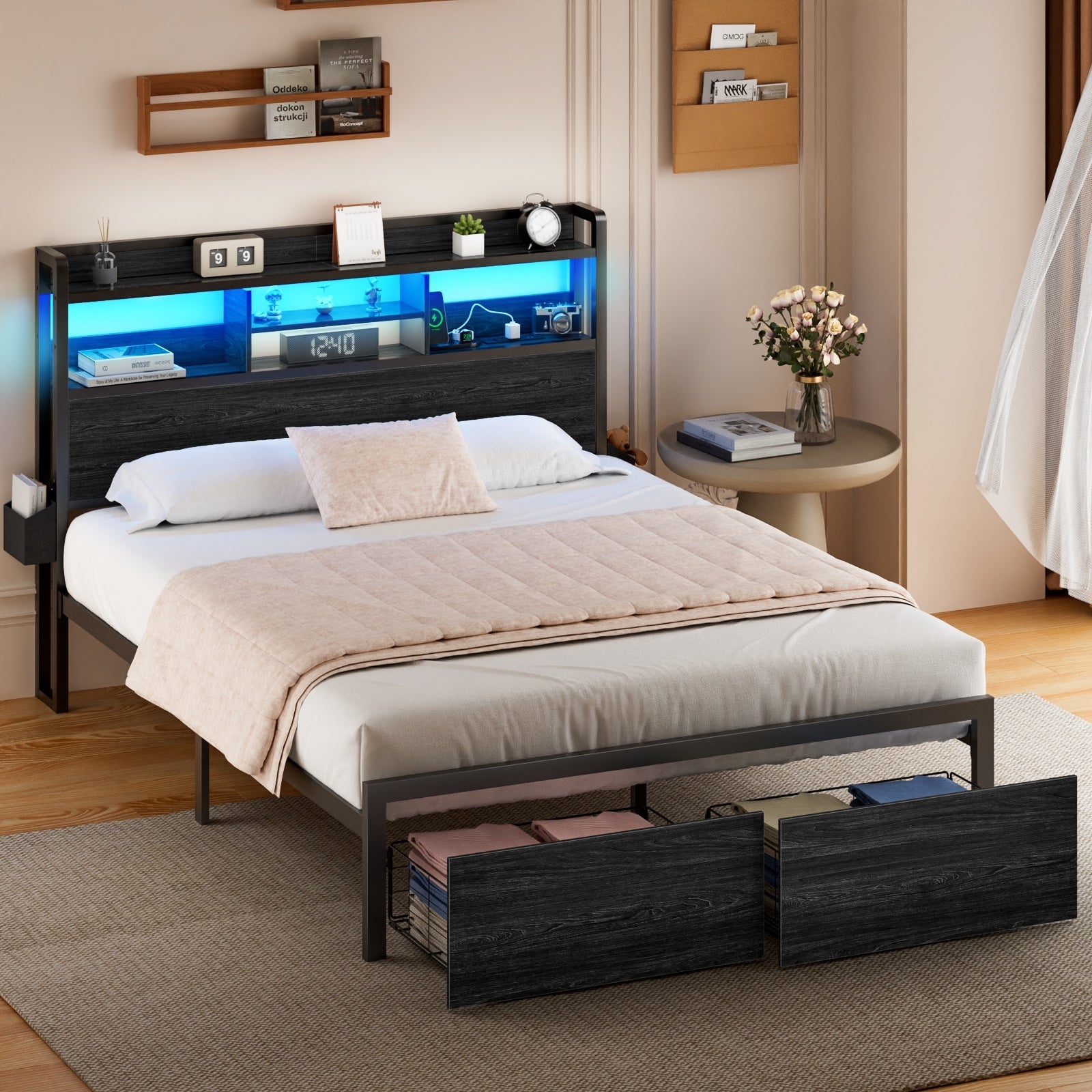 Furnulem Bed Frame with Wood Headboard and Storage Shelf, Metal Platform Bed Frame, LED Lights and Charging Station, No Box Spring Needed, Noise Free, Black