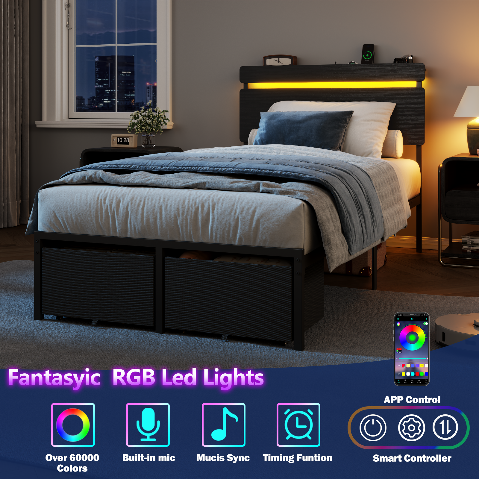 Full Size Bed Frame with Wood Headboard Black Platform Bed with 2 Storage Drawers Shelf Built in Charging Station  LED Lights No Box Spring Needed