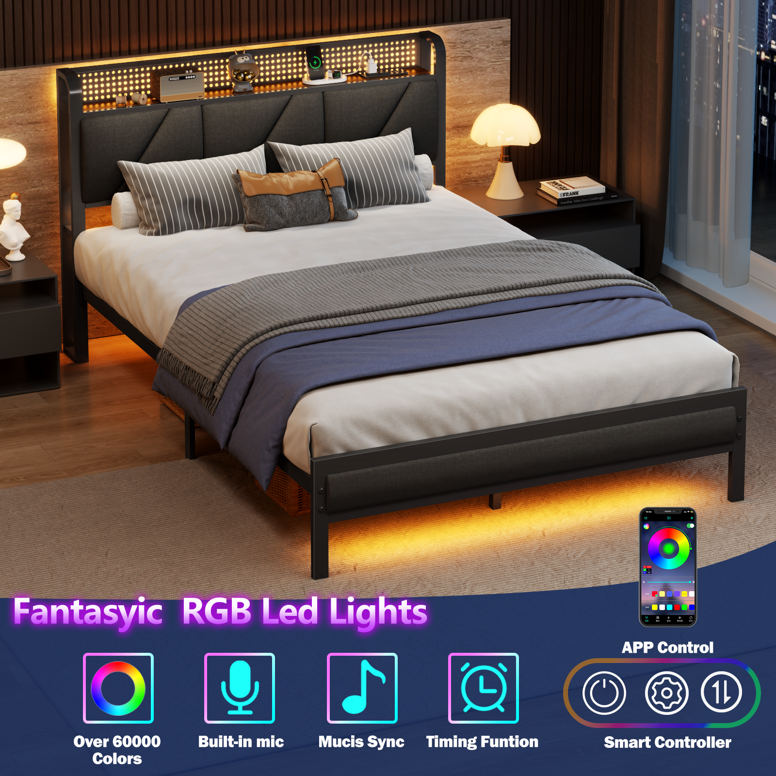 Furnulem Full Size Bed Frame with Grey Upholstered Storage Headboard with Shelf Metal Platform Bed with Heavy Duty Slats No Box Spring Needed