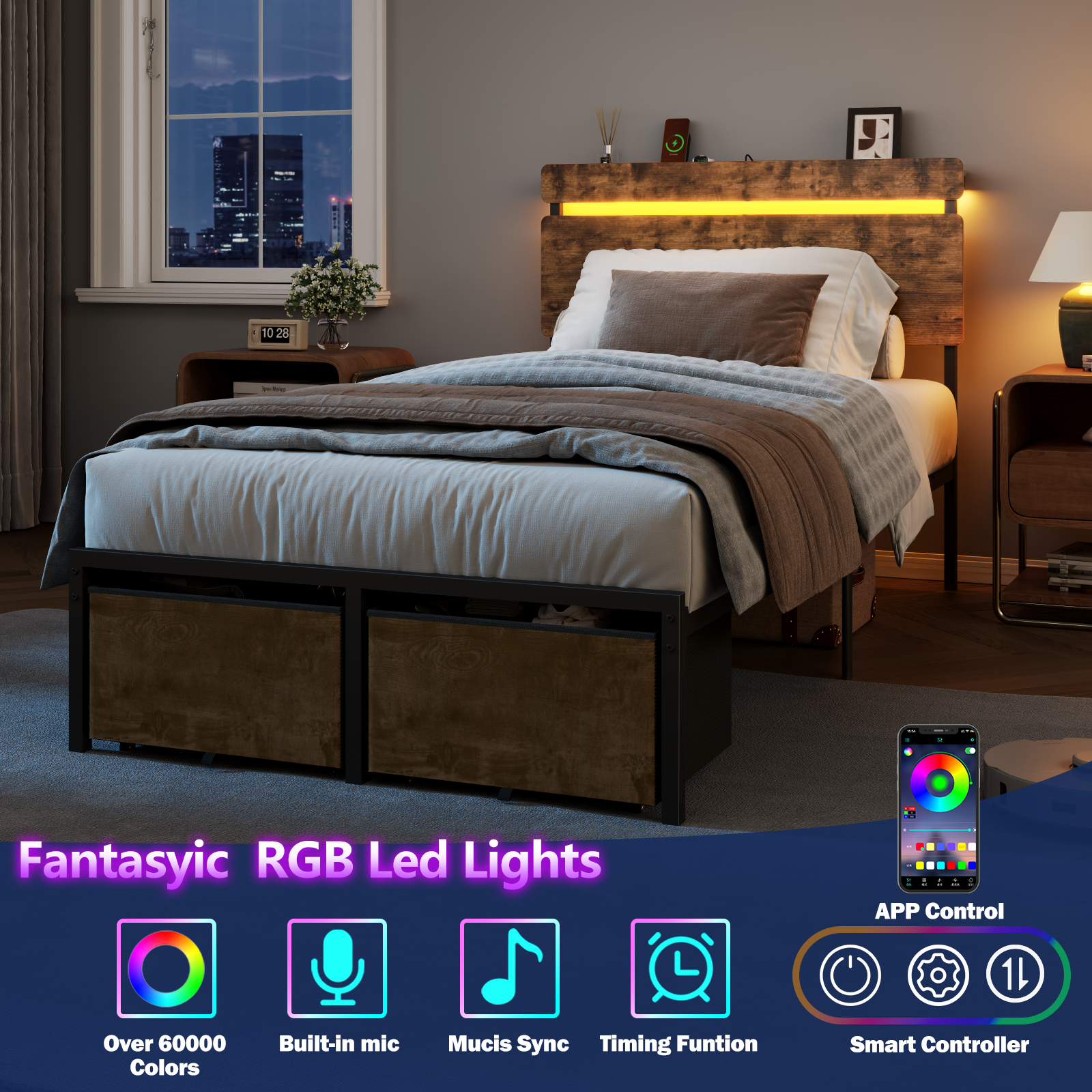 Twin Size Bed Frame with Wood Headboard Metal Platform Bed with 2 Storage Drawers Shelf Built in Charging Station LED Lights No Box Spring Needed