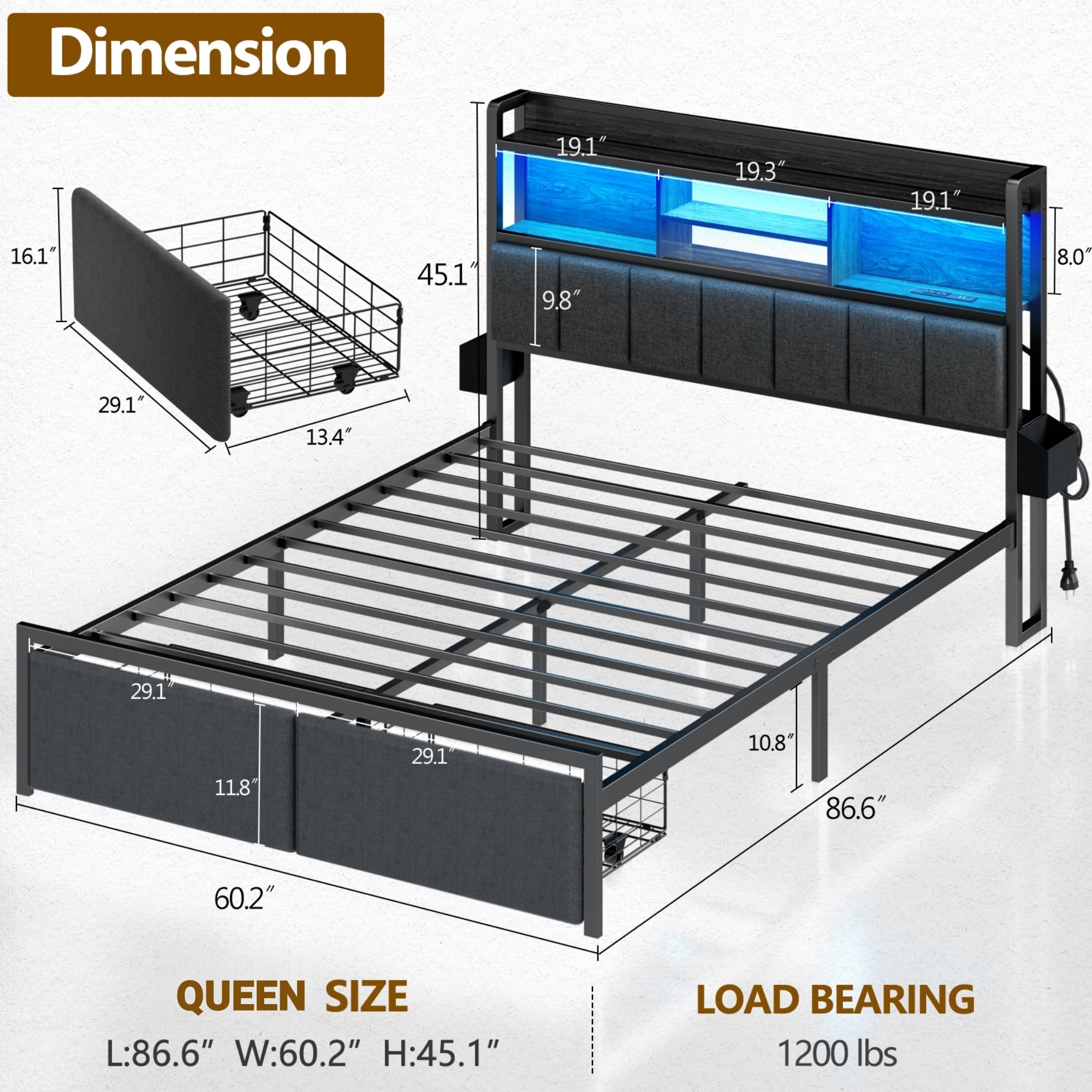 Furnulem Full  and Queen Size Bed Frame with Headboard, Bed Frame Full and Queen Size with Storage Drawers, Charging Station and LED Lights, Metal Platform No Box Spring Needed, Upholstered Headboard, Noise Free, Black