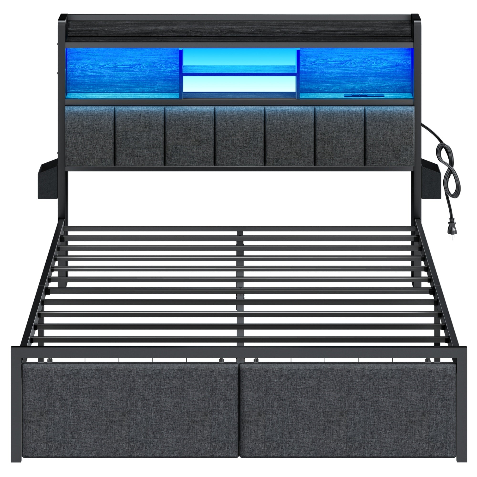 Furnulem Full  and Queen Size Bed Frame with Headboard, Bed Frame Full and Queen Size with Storage Drawers, Charging Station and LED Lights, Metal Platform No Box Spring Needed, Upholstered Headboard, Noise Free, Black