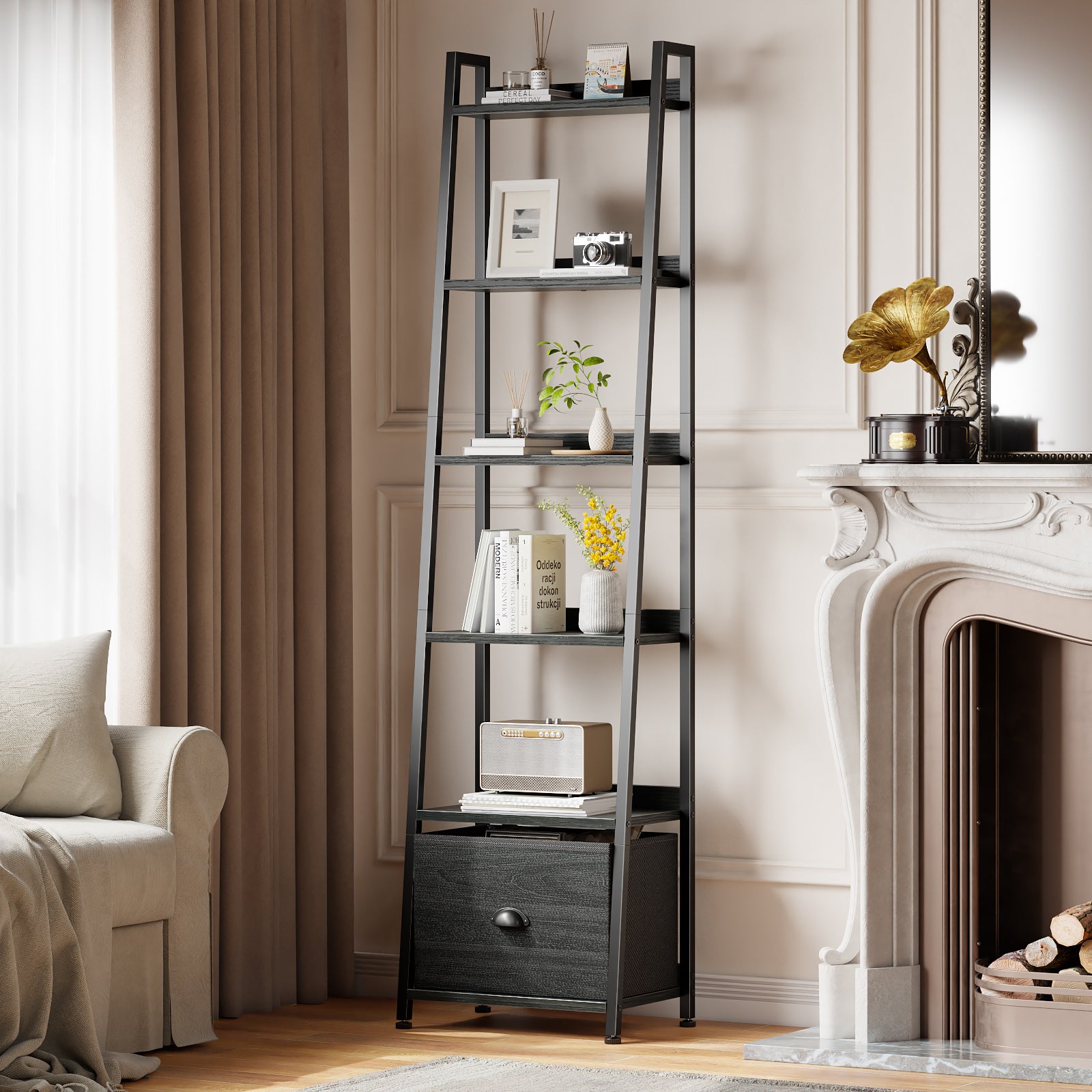 Qwatto Black 6 Tier Ladder Bookshelf with Drawer Tall Industrial Wood Metal Freestanding Storage Rack Etagere Display Bookcase for Home Office Rooms