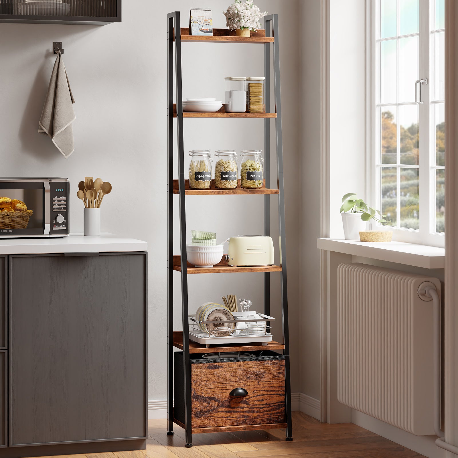 Rustic Brown 6 Tier Ladder Bookshelf with Drawer Tall Industrial Wood Metal Freestanding Storage Rack Etagere Display Bookcase for Home Office Rooms