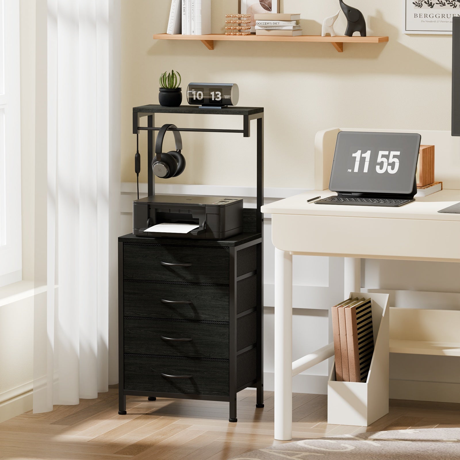 Furnulem Night Stand with Charging Station, 38'' Tall Nightstand with 4 Fabric Drawers and LED Lights, Bedside Table with Storage Shelf for Bedroom, Office, Metal Frame, Wood Shelves