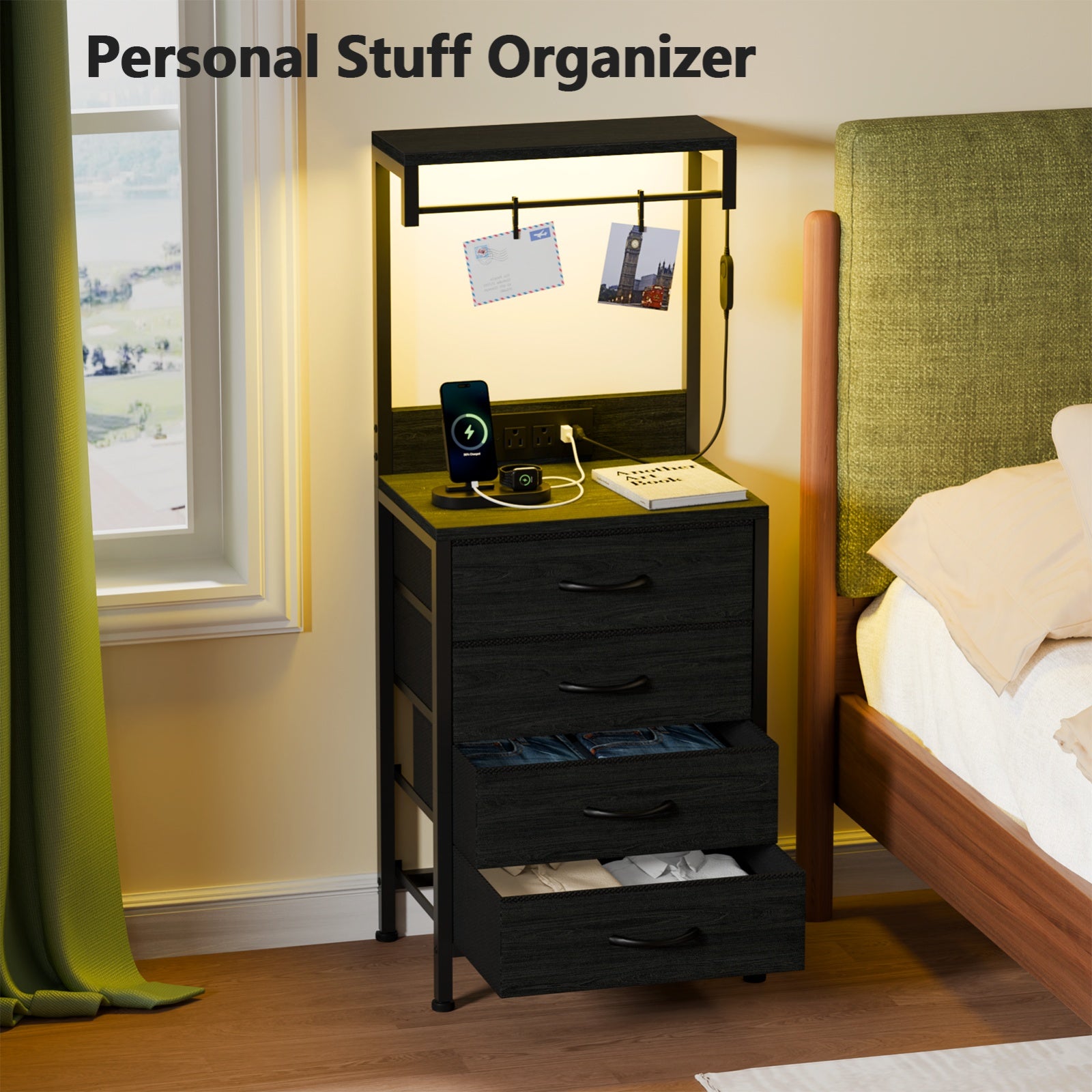 Furnulem Night Stand with Charging Station, 38'' Tall Nightstand with 4 Fabric Drawers and LED Lights, Bedside Table with Storage Shelf for Bedroom, Office, Metal Frame, Wood Shelves