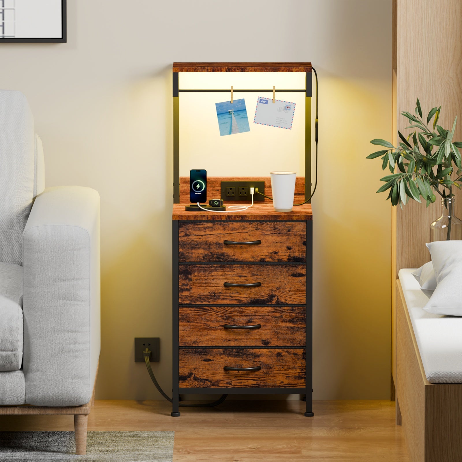 Furnulem Night Stand with Charging Station, 38'' Tall Nightstand with 4 Fabric Drawers and LED Lights, Bedside Table with Storage Shelf for Bedroom, Office, Metal Frame, Wood Shelves
