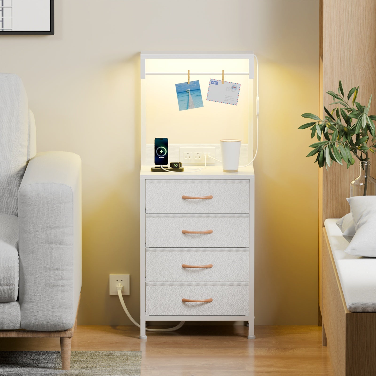 Furnulem Night Stand with Charging Station, 38'' Tall Nightstand with 4 Fabric Drawers and LED Lights, Bedside Table with Storage Shelf for Bedroom, Office, Metal Frame, Wood Shelves