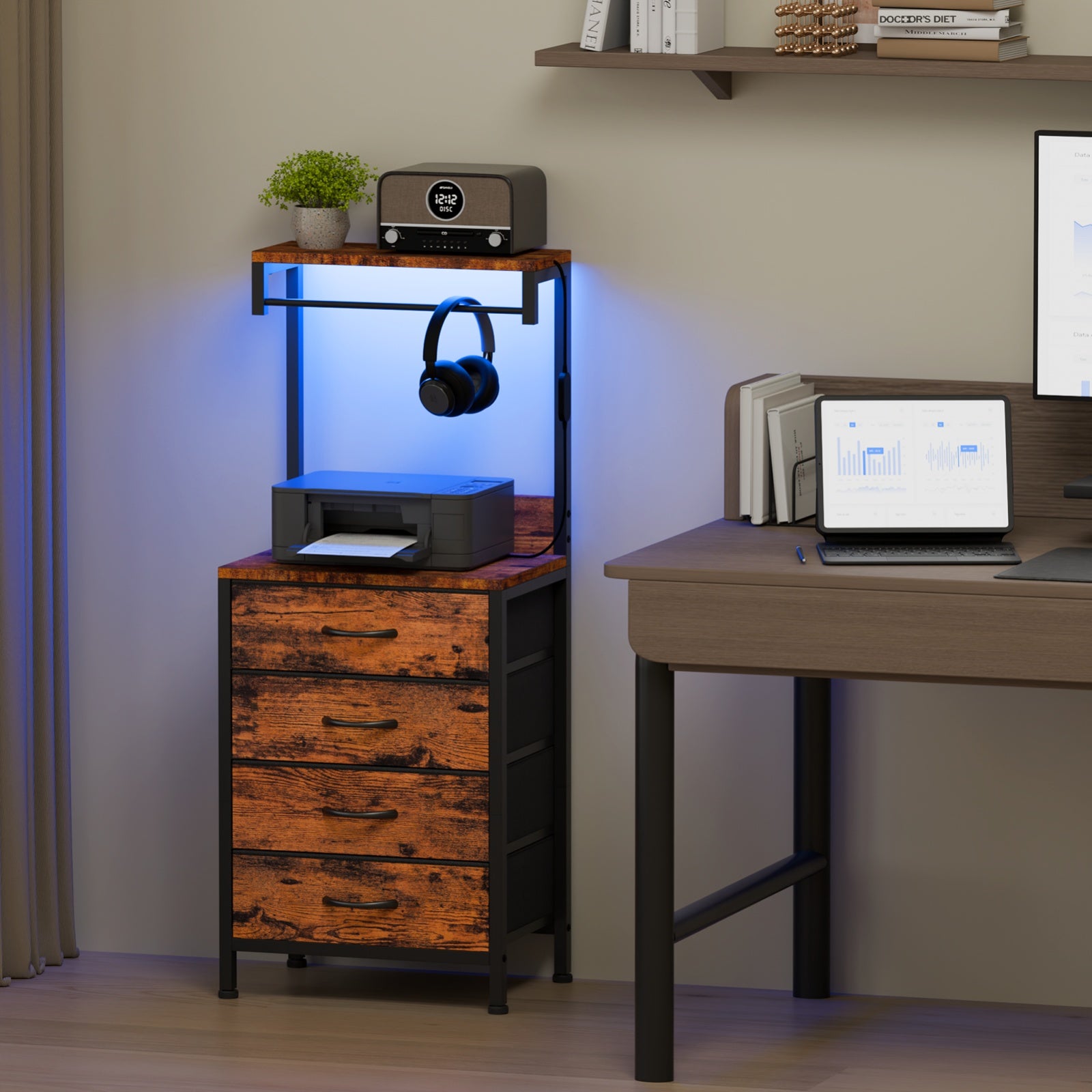 Furnulem Night Stand with Charging Station, 38'' Tall Nightstand with 4 Fabric Drawers and LED Lights, Bedside Table with Storage Shelf for Bedroom, Office, Metal Frame, Wood Shelves