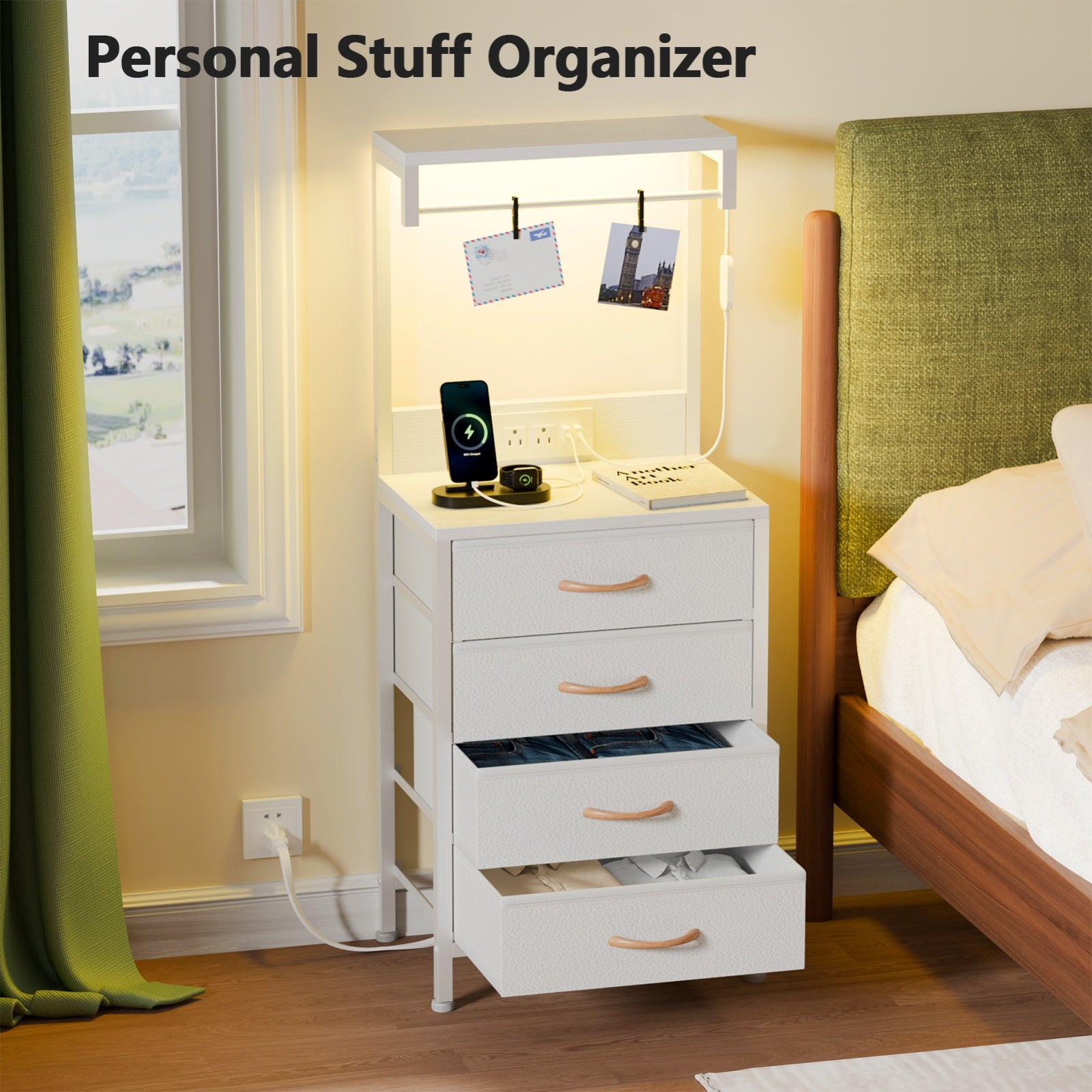 Furnulem Night Stand with Charging Station, 38'' Tall Nightstand with 4 Fabric Drawers and LED Lights, Bedside Table with Storage Shelf for Bedroom, Office, Metal Frame, Wood Shelves