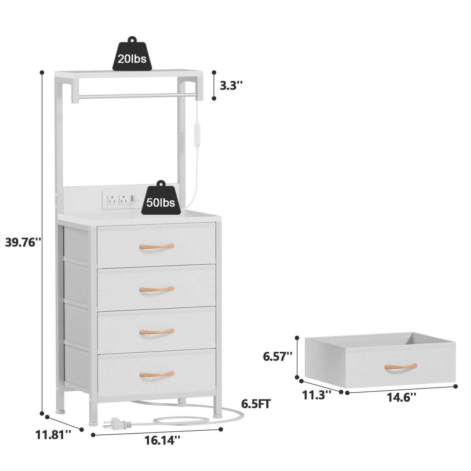 Furnulem Night Stand with Charging Station, 38'' Tall Nightstand with 4 Fabric Drawers and LED Lights, Bedside Table with Storage Shelf for Bedroom, Office, Metal Frame, Wood Shelves
