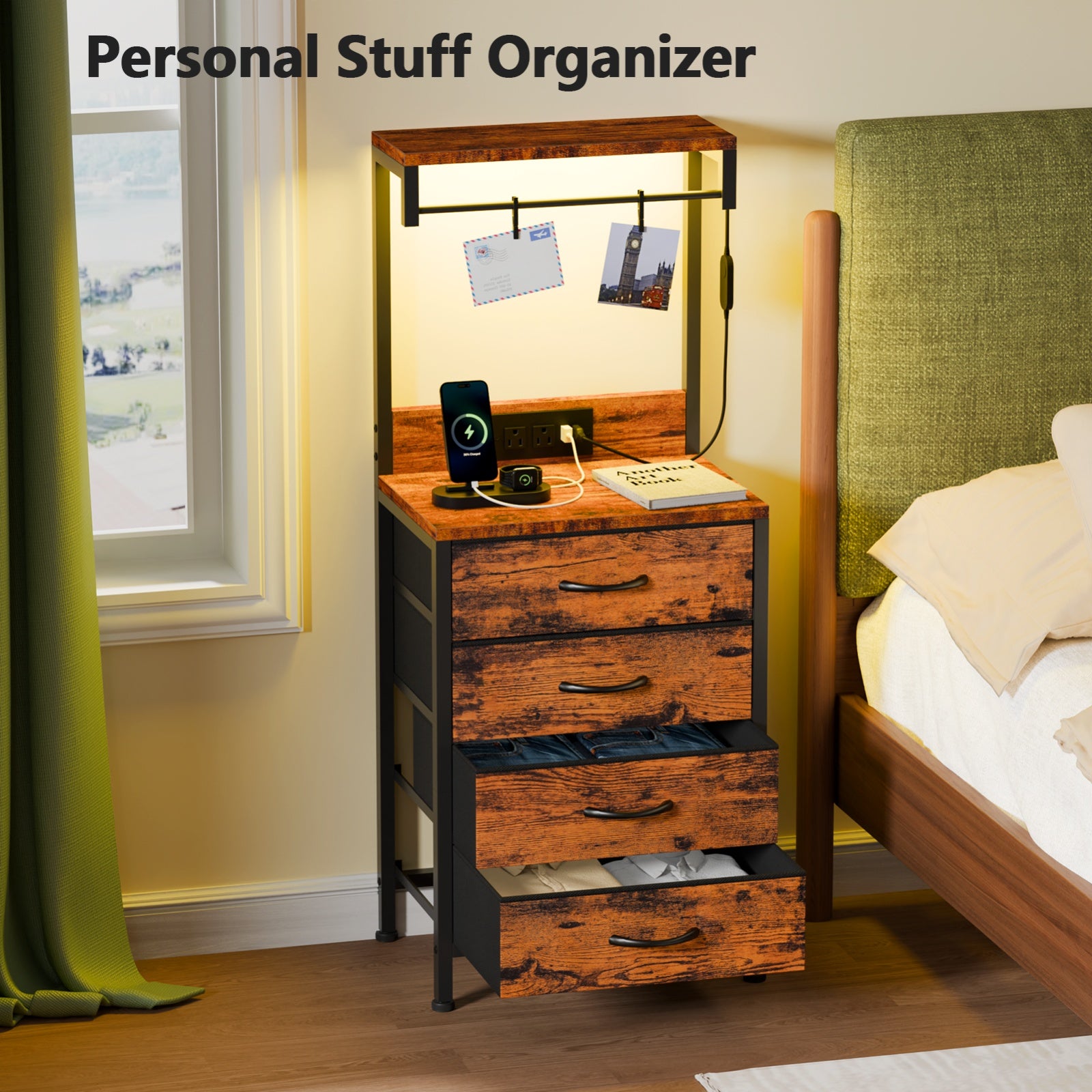 Furnulem Night Stand with Charging Station, 38'' Tall Nightstand with 4 Fabric Drawers and LED Lights, Bedside Table with Storage Shelf for Bedroom, Office, Metal Frame, Wood Shelves