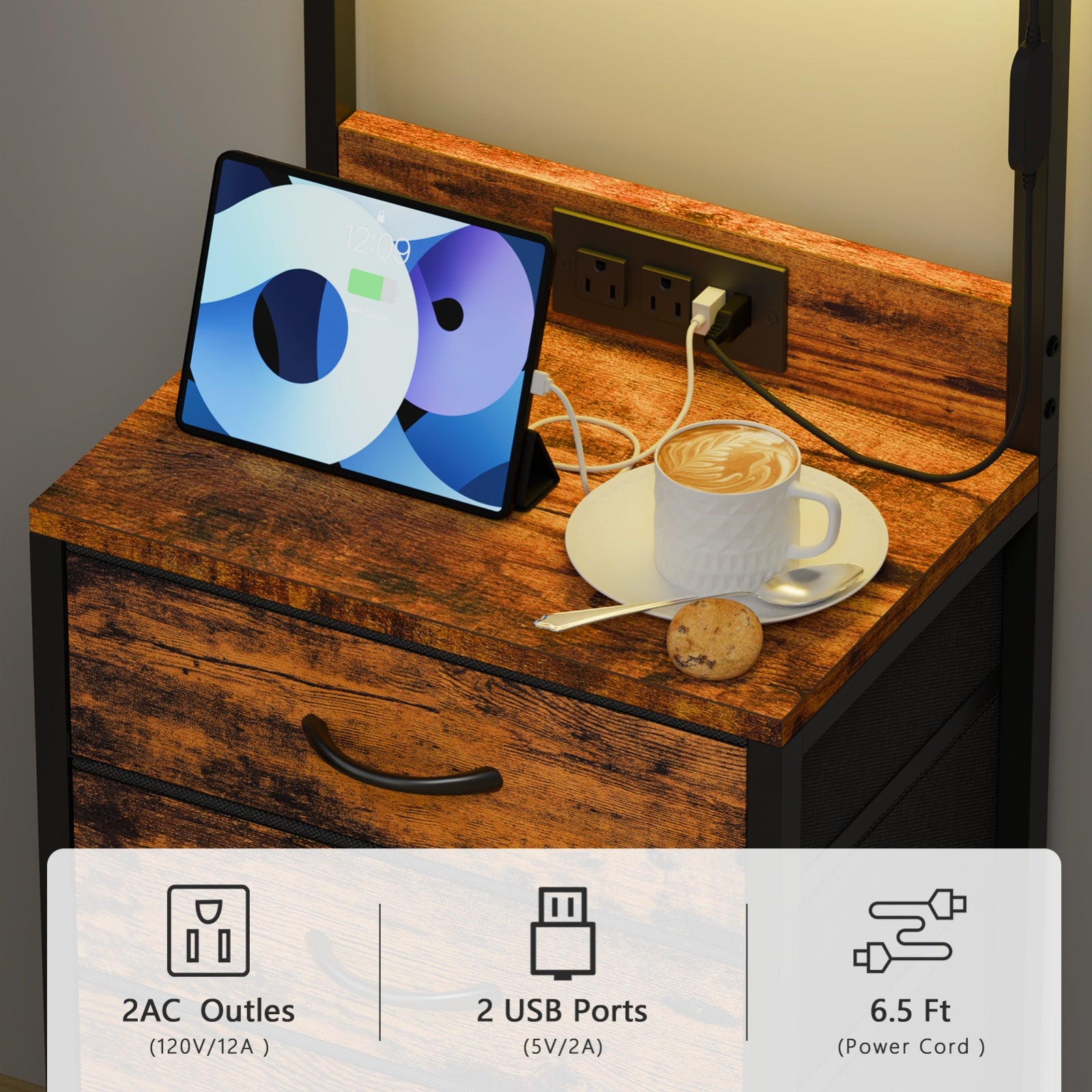 Furnulem Night Stand with Charging Station, 38'' Tall Nightstand with 4 Fabric Drawers and LED Lights, Bedside Table with Storage Shelf for Bedroom, Office, Metal Frame, Wood Shelves