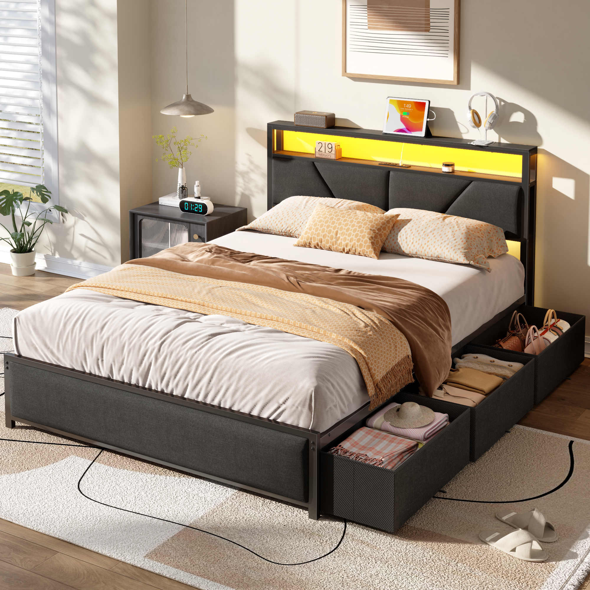 Qwatto Queen Size Bed Frame with 6 Storage Drawers Charging Station LED Lights Upholstered Storage Headboard Metal Platform No Box Spring Needed