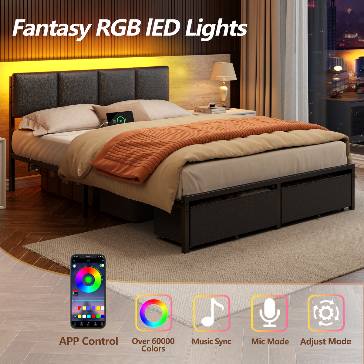 Upholstered Platform Bed Frame LED Lights Charging Station USB Port