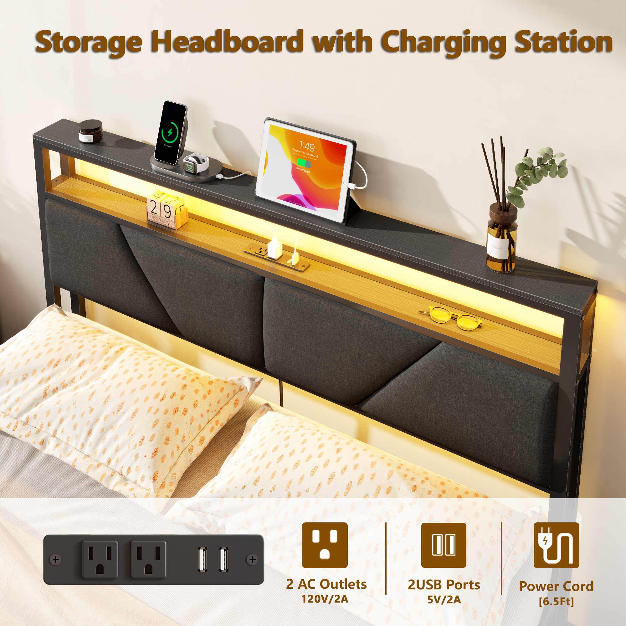Qwatto Queen Size Bed Frame with 6 Storage Drawers Charging Station LED Lights Upholstered Storage Headboard Metal Platform No Box Spring Needed