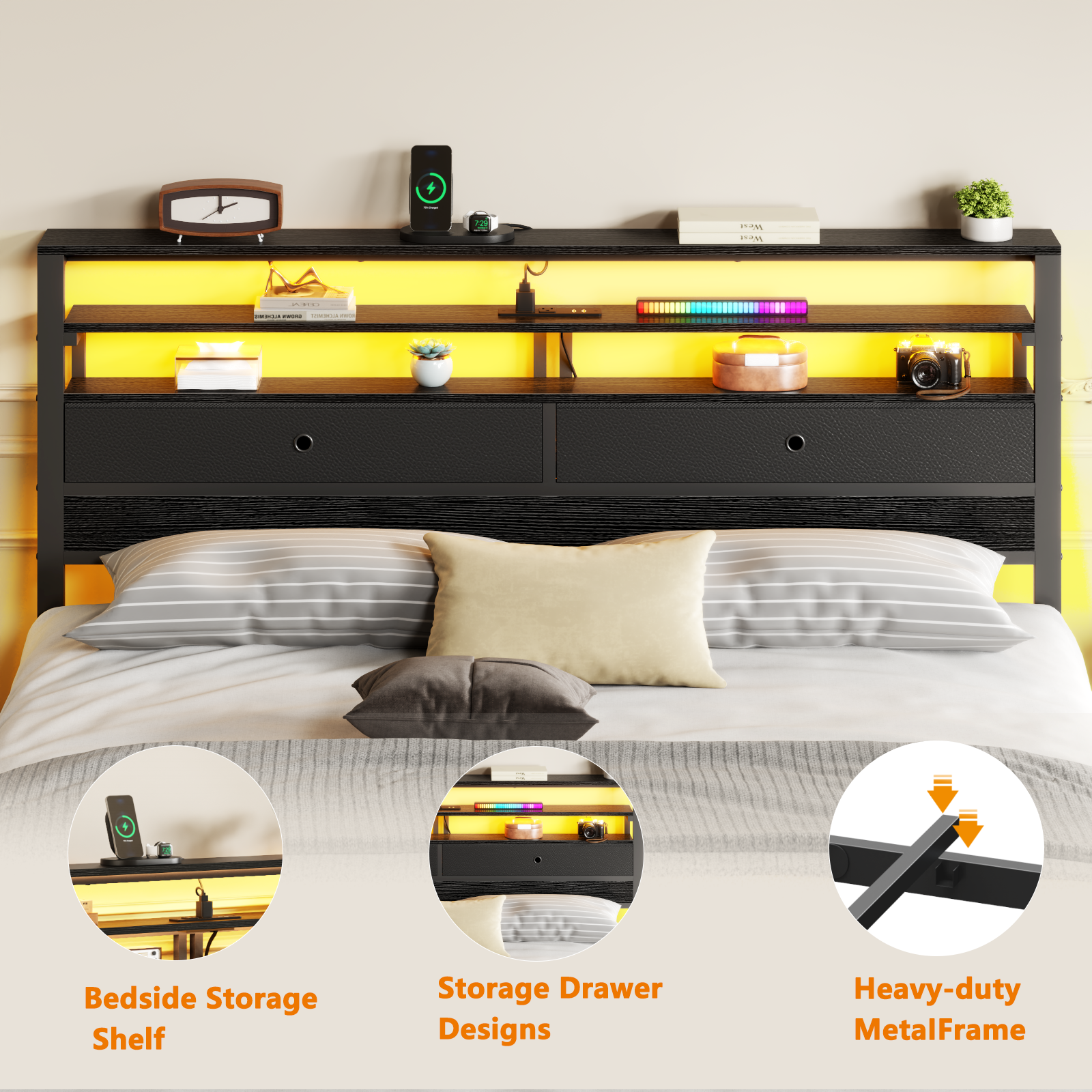 Modern Queen Size Bed Frame With LED Lights Storage Headboard Power Strip Charging Station Wood Metal Support No Box Spring Needed Bedroom Black