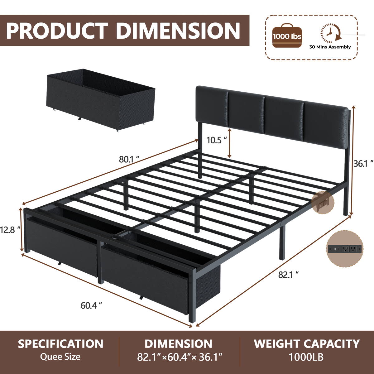 Upholstered Platform Bed Frame LED Lights Charging Station USB Port