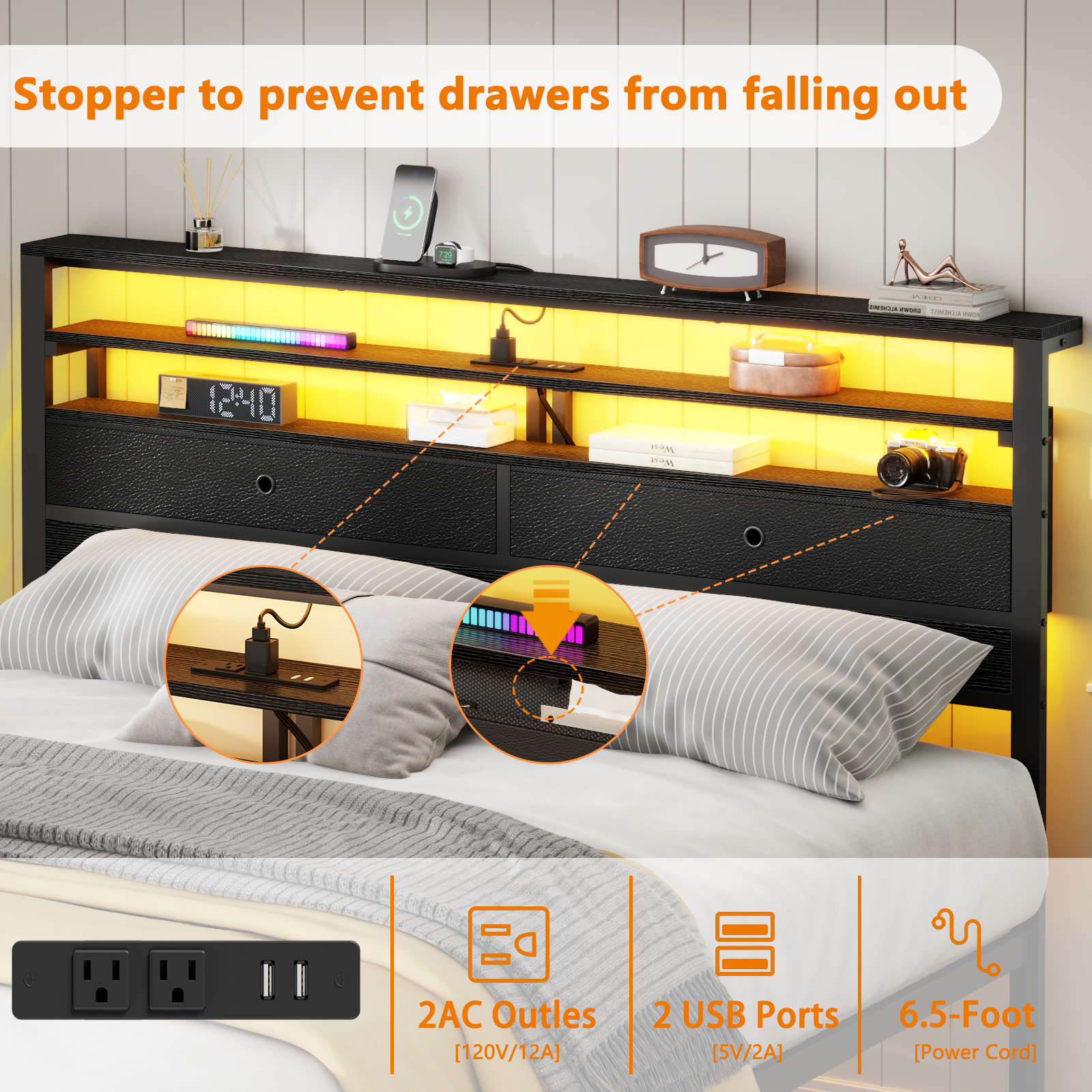 Black Oak Queen Bed Frame With RGB LED Lights Charging Station Storage Headboard USB Ports Metal Platform Gaming Bedroom Furniture No Box Spring