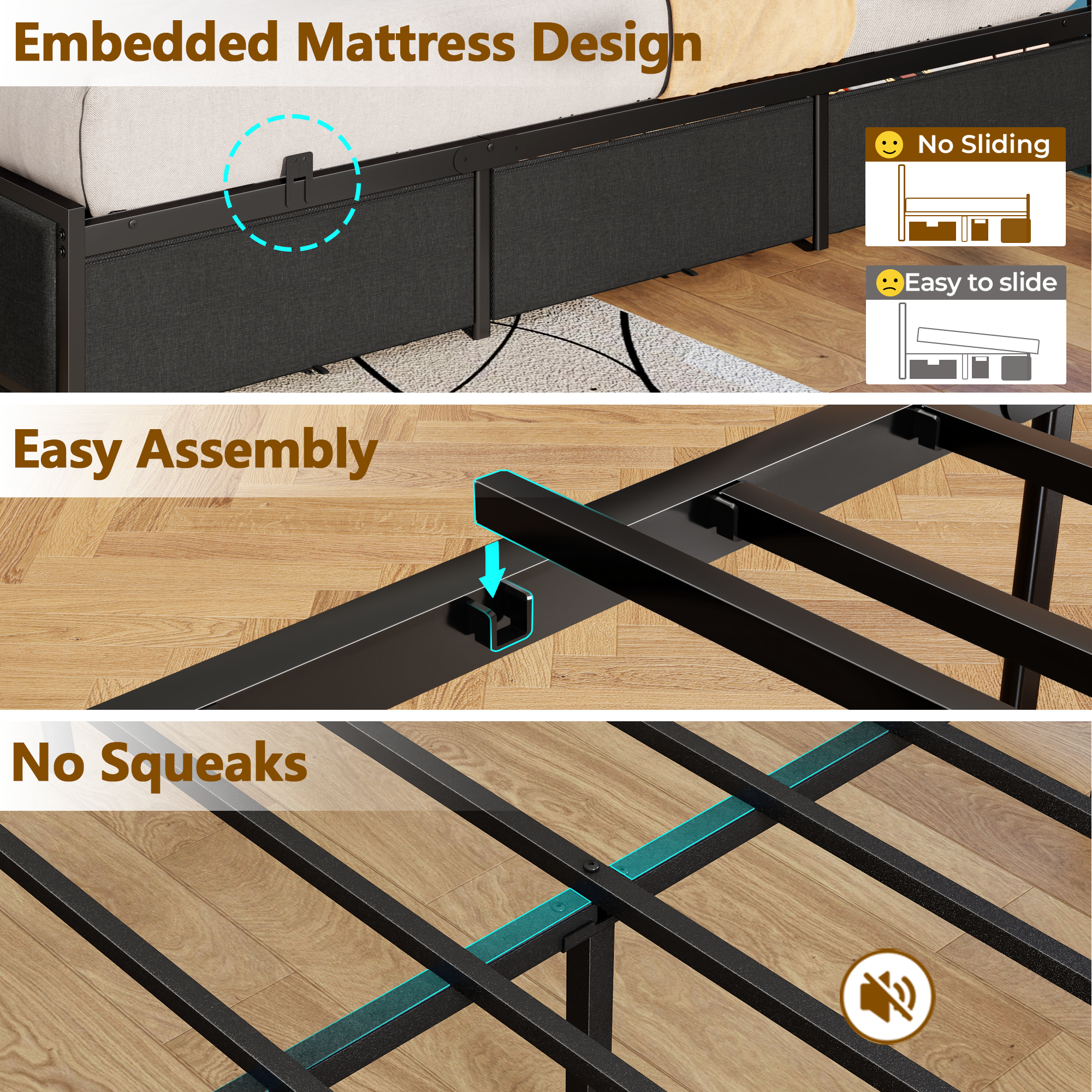Qwatto Queen Size Bed Frame with 6 Storage Drawers Charging Station LED Lights Upholstered Storage Headboard Metal Platform No Box Spring Needed