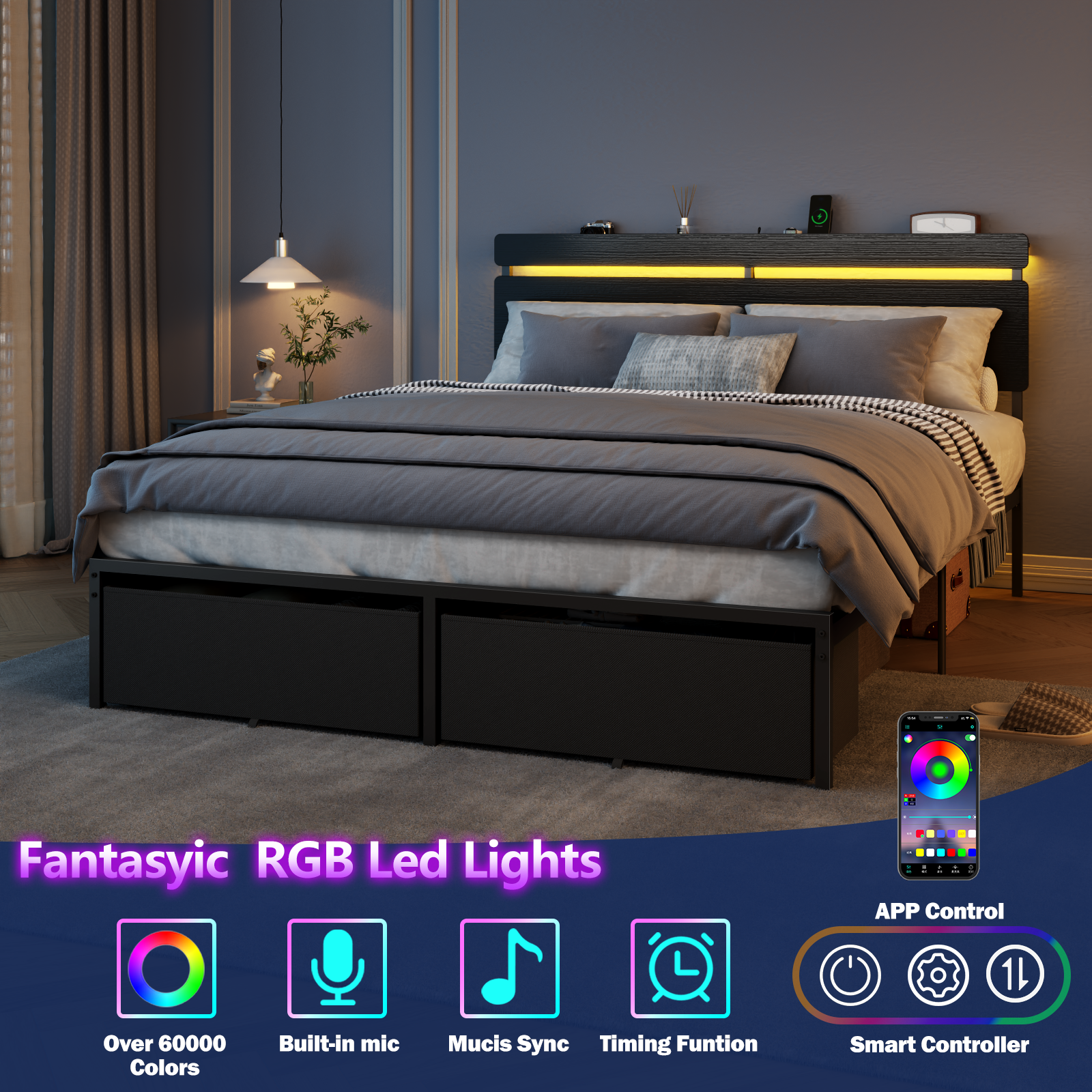 Industrial Queen Size Bed Frame LED Lights Charging Station Storage Headboard Shelf 2 Drawers Rustic Wood Metal Heavy Duty No Box Spring Needed