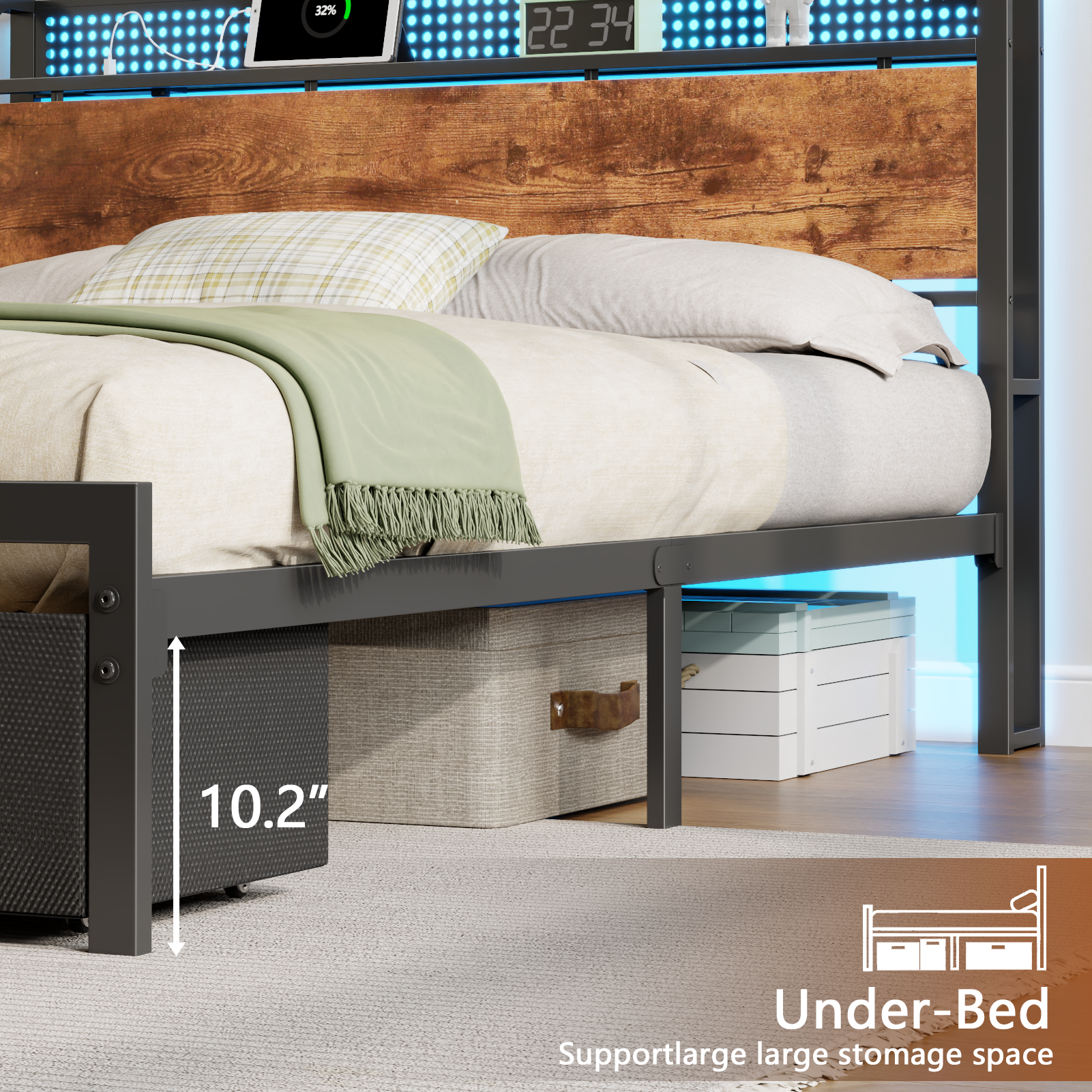 Queen Size Bed Frame with Charging Station LED Lights 2 Storage Drawers Storage Headboard Platform Bed No Box Spring Needed