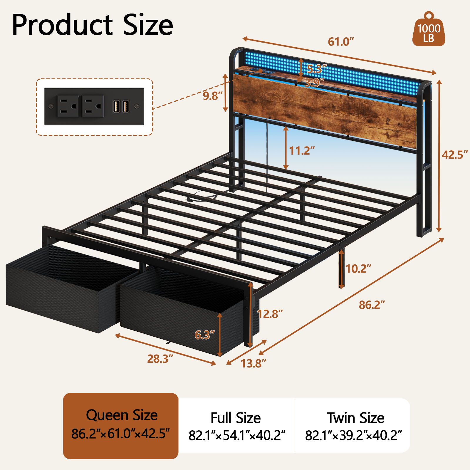 Queen Bed Frame with Storage Headboard Shelf 2 Drawers Built in Charging Station LED Lights Metal Platform No Box Spring Needed