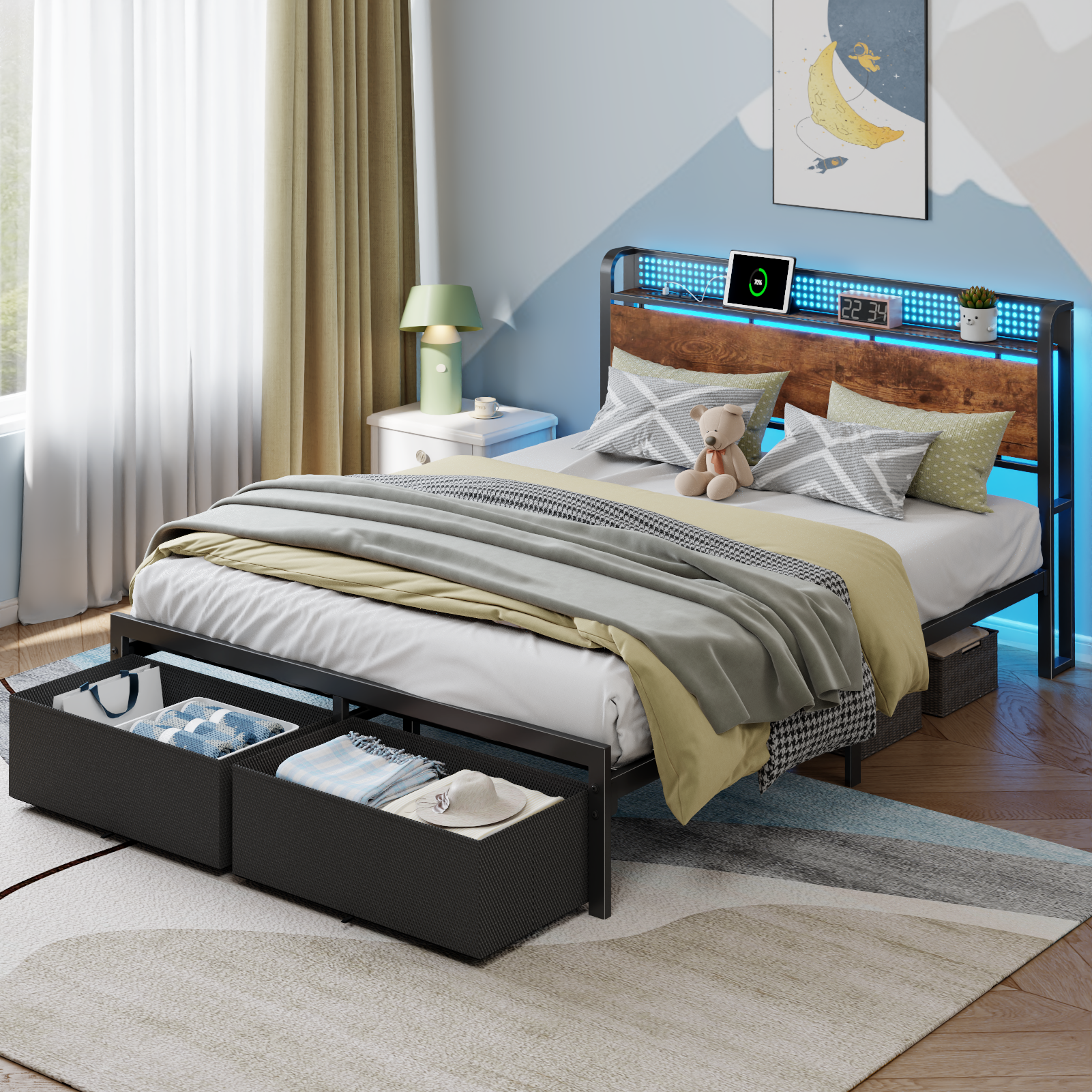 Furnulem Queen Size Bed Frame with Headboard Storage Platform Bed Frame Queen Size with 2 Drawers Charging Station and LED Lights No Box Spring Needed