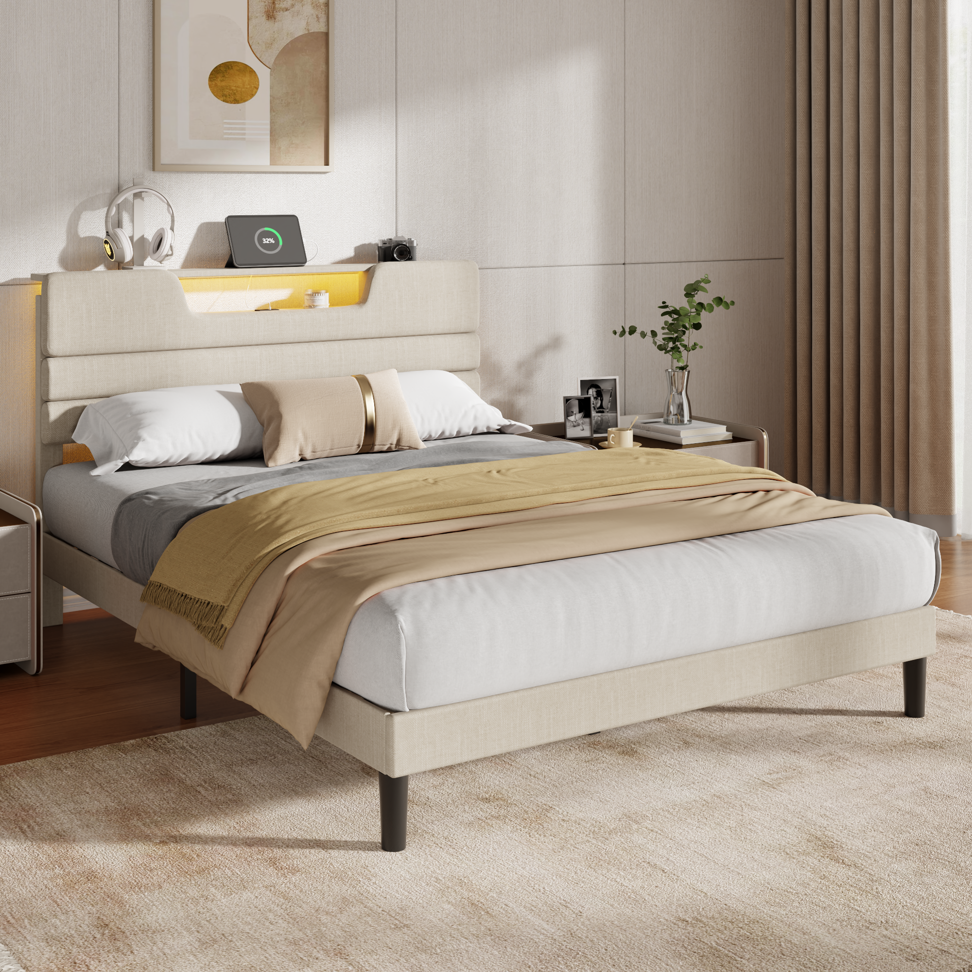 Queen Size Bed Frames with Upholstered Headboard Modern Platform Bed with Bed Frame with Sturdy Wooden Slats/No Box Spring Needed/2-Tier Storage Beige