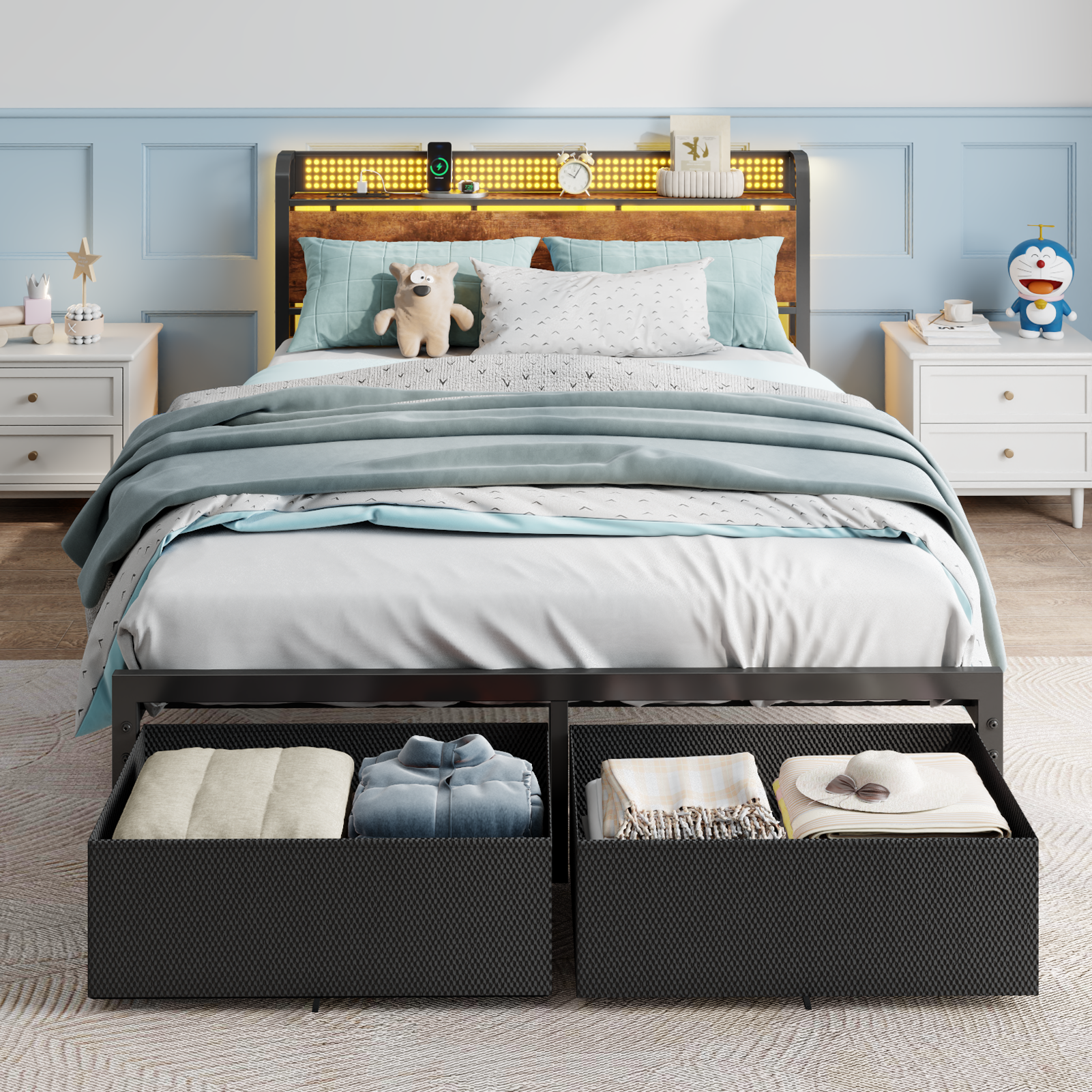 Queen Platform Bed Frame with 2 Storage Drawers Bookcase Headboard Charging Station LED Lights Metal Support No Box Spring