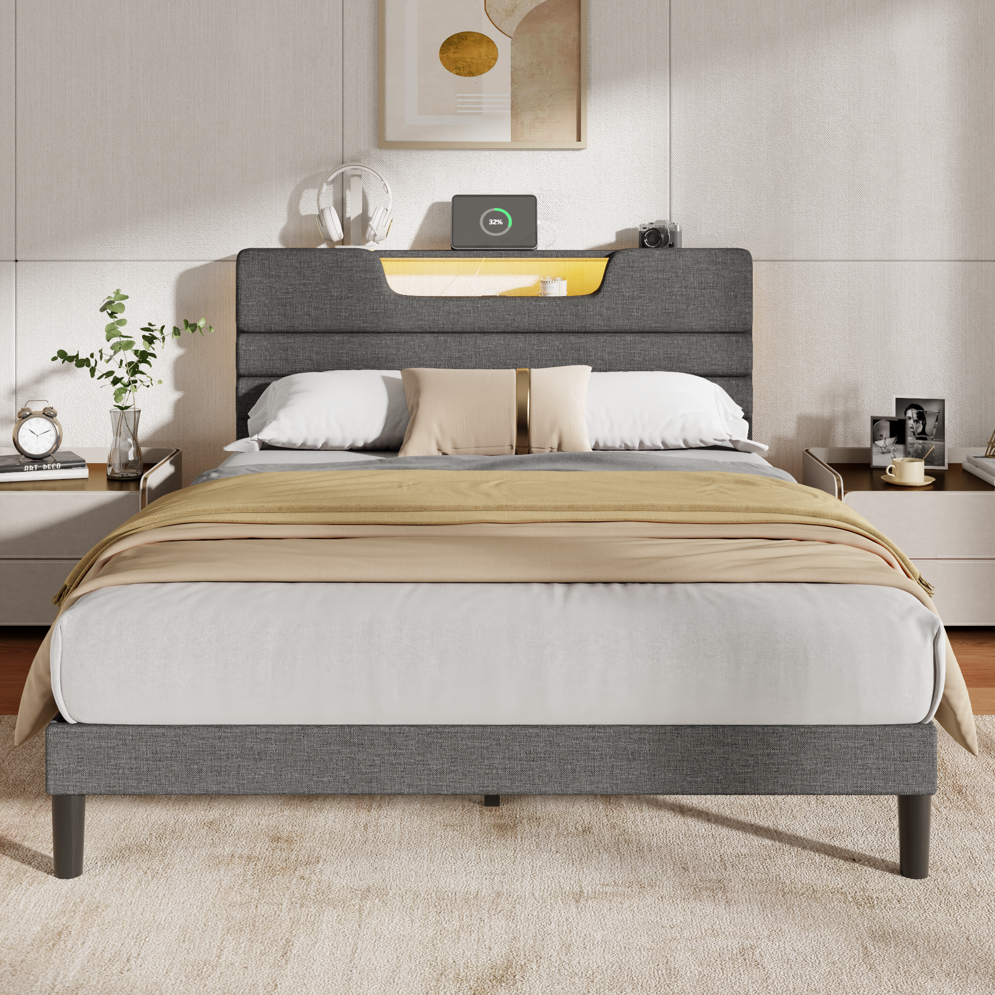 Furnulem Queen Size Bed Frames with Upholstered Headboard Bed with Charging Station and Led Lights Bed Frame with Sturdy Wooden Slats/2-Tier Storage