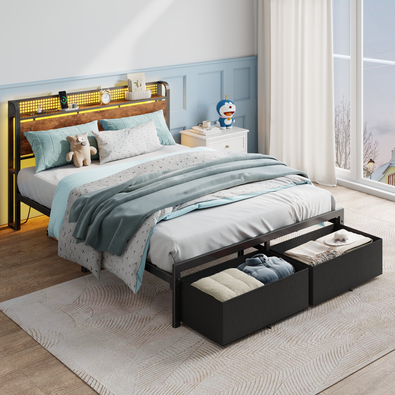 Queen Bed Frame with Storage Headboard Shelf 2 Drawers Built in Charging Station LED Lights Metal Platform No Box Spring Needed