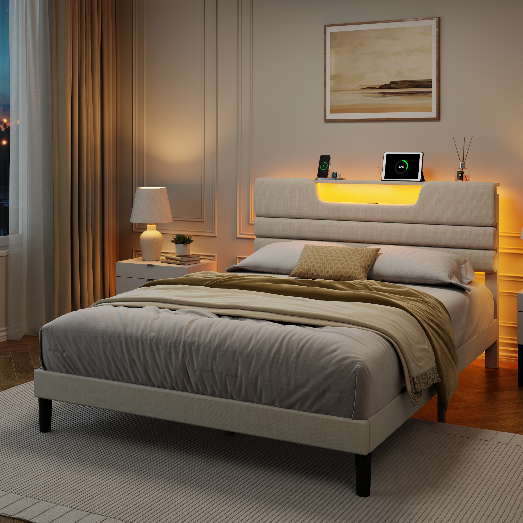 Queen Size Bed Frames with Upholstered Headboard Modern Platform Bed with Bed Frame with Sturdy Wooden Slats/No Box Spring Needed/2-Tier Storage Beige