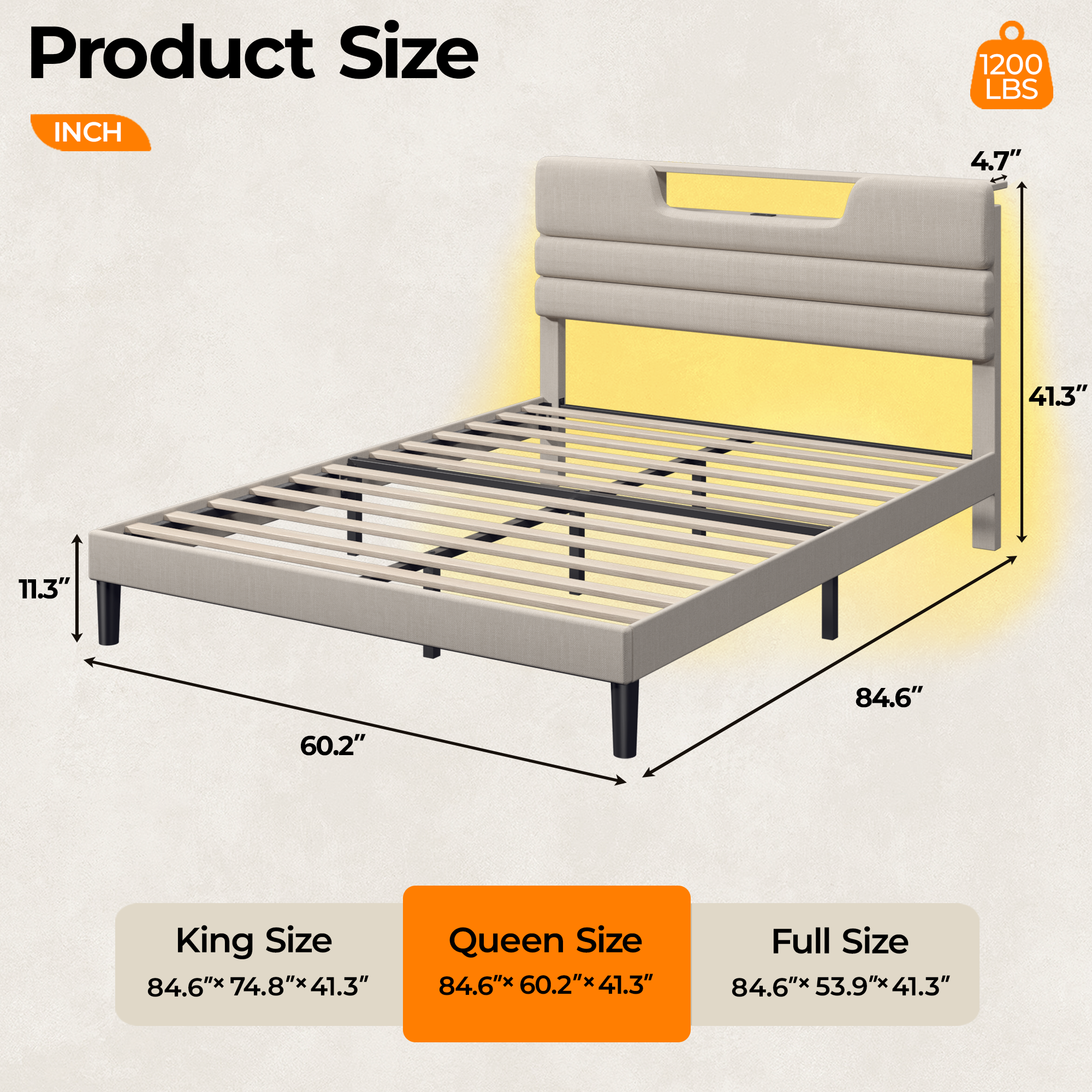 Queen Size Bed Frames with Upholstered Headboard Modern Platform Bed with Bed Frame with Sturdy Wooden Slats/No Box Spring Needed/2-Tier Storage Beige