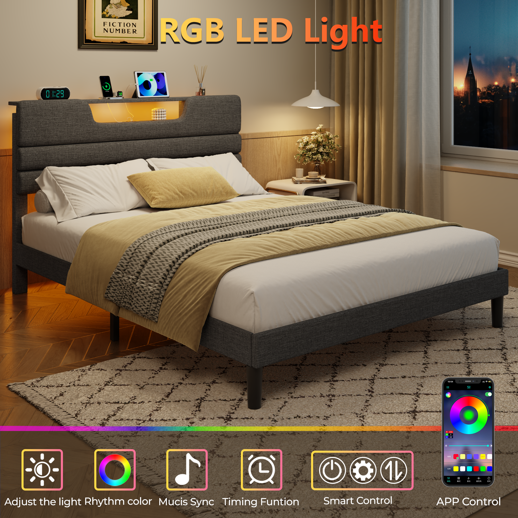 Queen Size Bed Frames with Upholstered Headboard Bed with Charging Station and Led Lights Bed Frame with Sturdy Wooden Slats/2-Tier Storage Grey