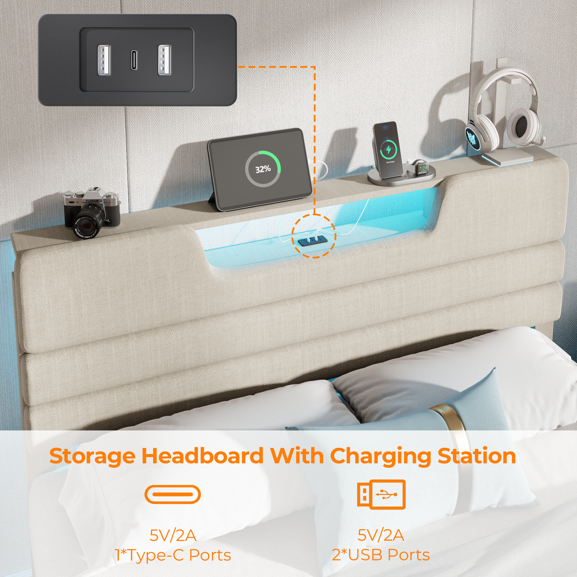 Queen Size Bed Frames with Upholstered Headboard Modern Platform Bed with Bed Frame with Sturdy Wooden Slats/No Box Spring Needed/2-Tier Storage Beige