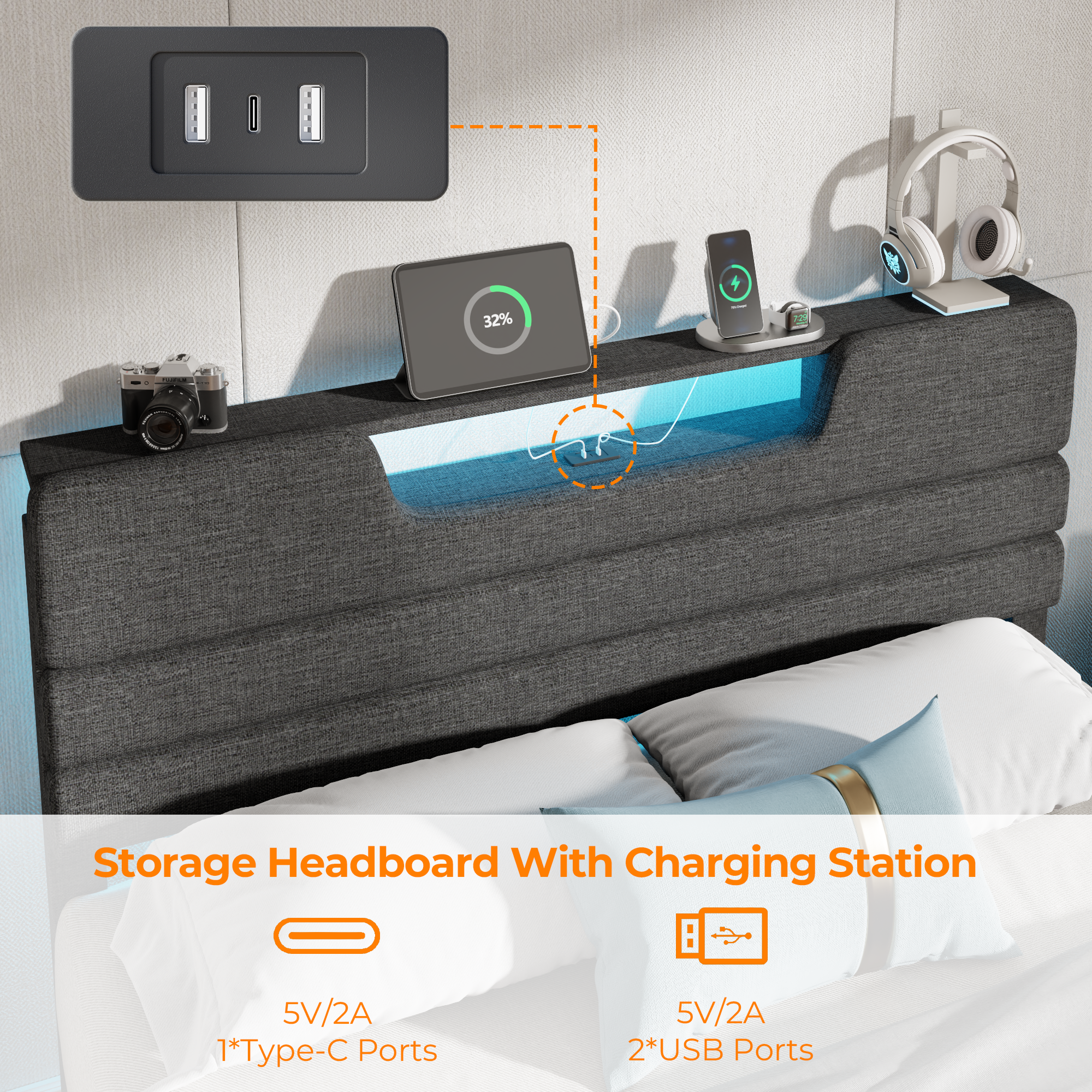 Furnulem Queen Size Bed Frames with Upholstered Headboard Bed with Charging Station and Led Lights Bed Frame with Sturdy Wooden Slats/2-Tier Storage