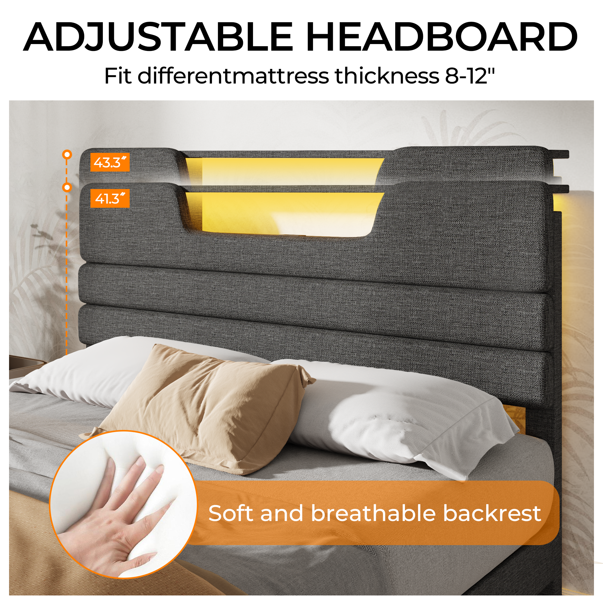 Queen Size Bed Frames with Upholstered Headboard Bed with Charging Station and Led Lights Bed Frame with Sturdy Wooden Slats/2-Tier Storage Grey