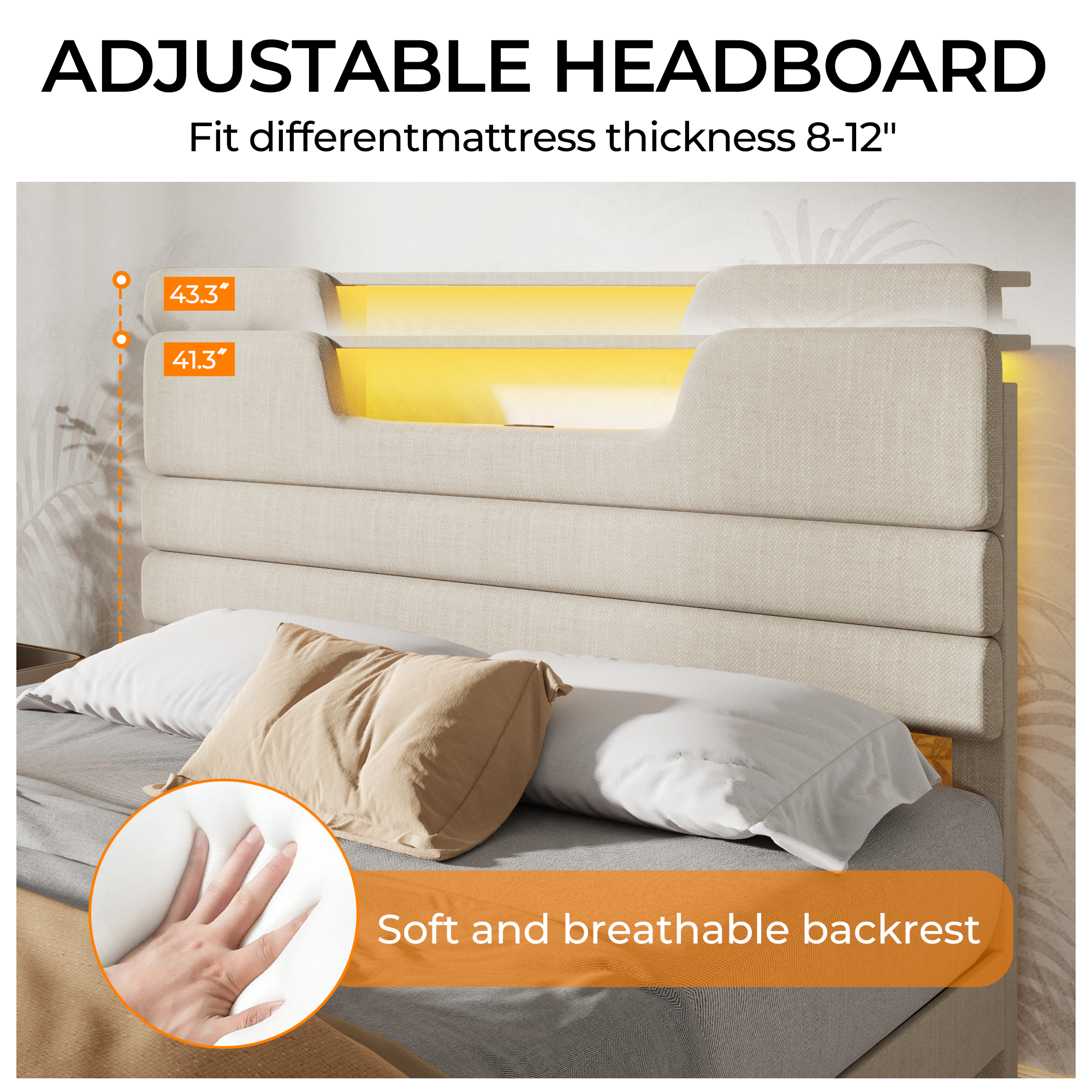 Queen Size Bed Frames with Upholstered Headboard Modern Platform Bed with Bed Frame with Sturdy Wooden Slats/No Box Spring Needed/2-Tier Storage Beige