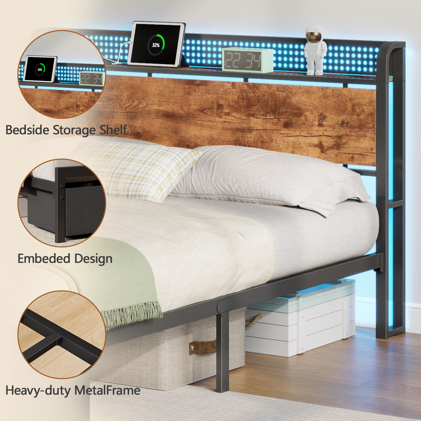 Queen Bed Frame with Storage Headboard Shelf 2 Drawers Built in Charging Station LED Lights Metal Platform No Box Spring Needed
