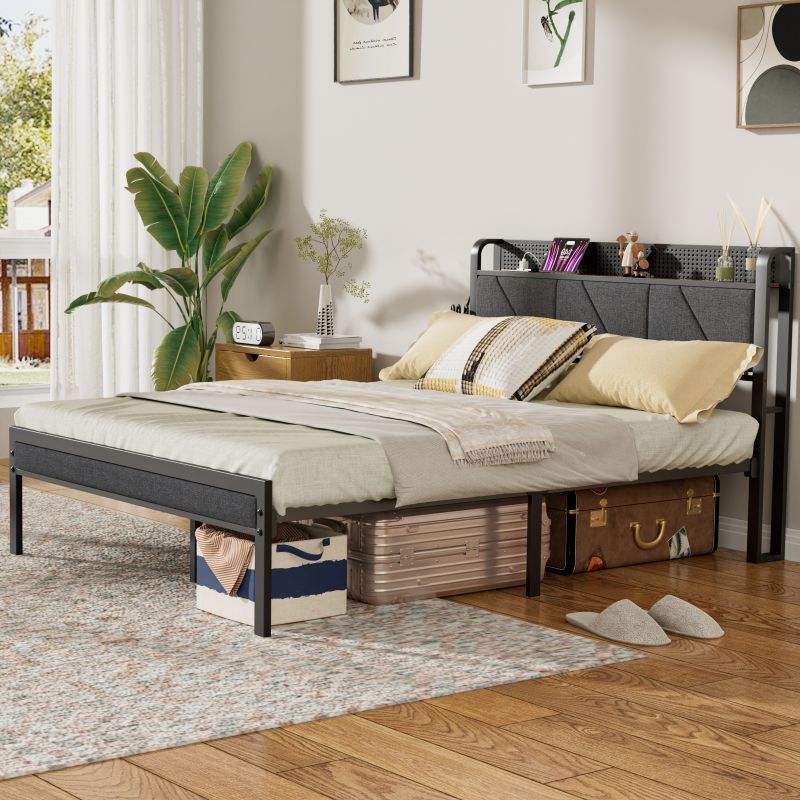 Furnulem LED Bed Frame with Upholstered Headboard and Charging Station