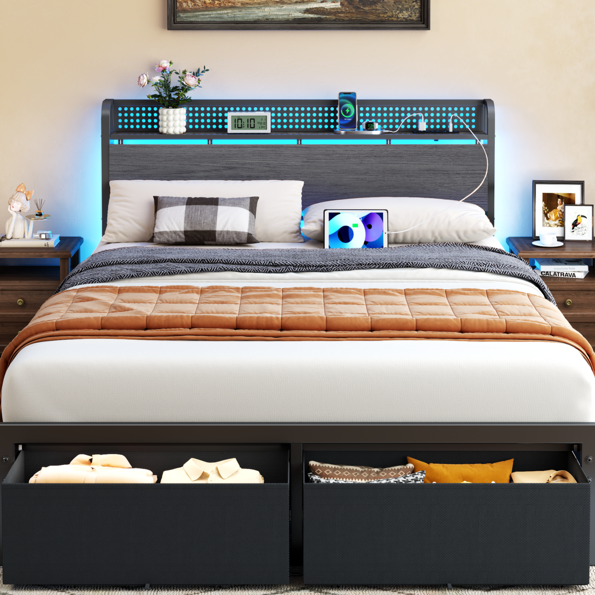 Bed Frame with 2 Storage Drawers Bookcase Headboard Charging Station