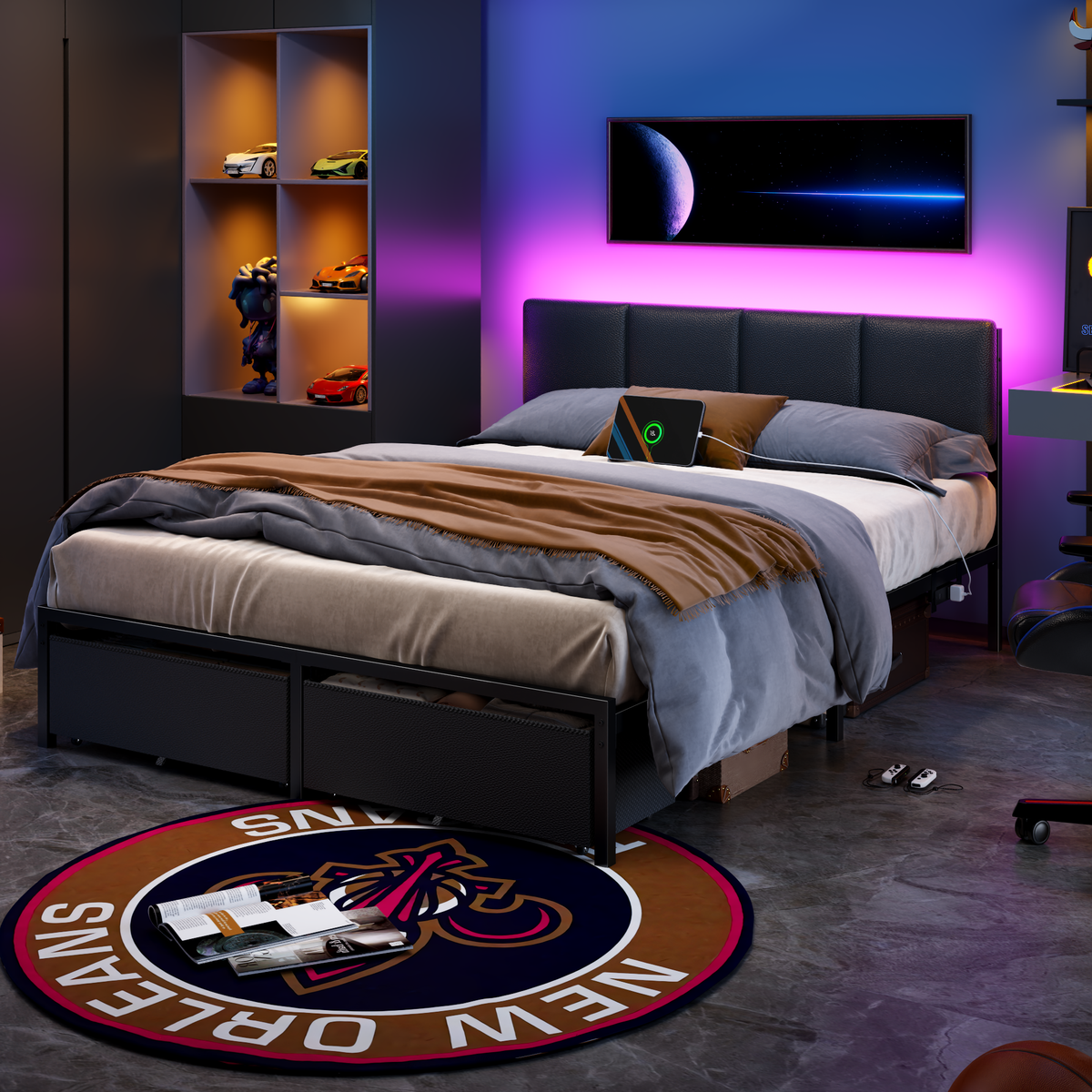 Upholstered Platform Bed Frame LED Lights Charging Station USB Port